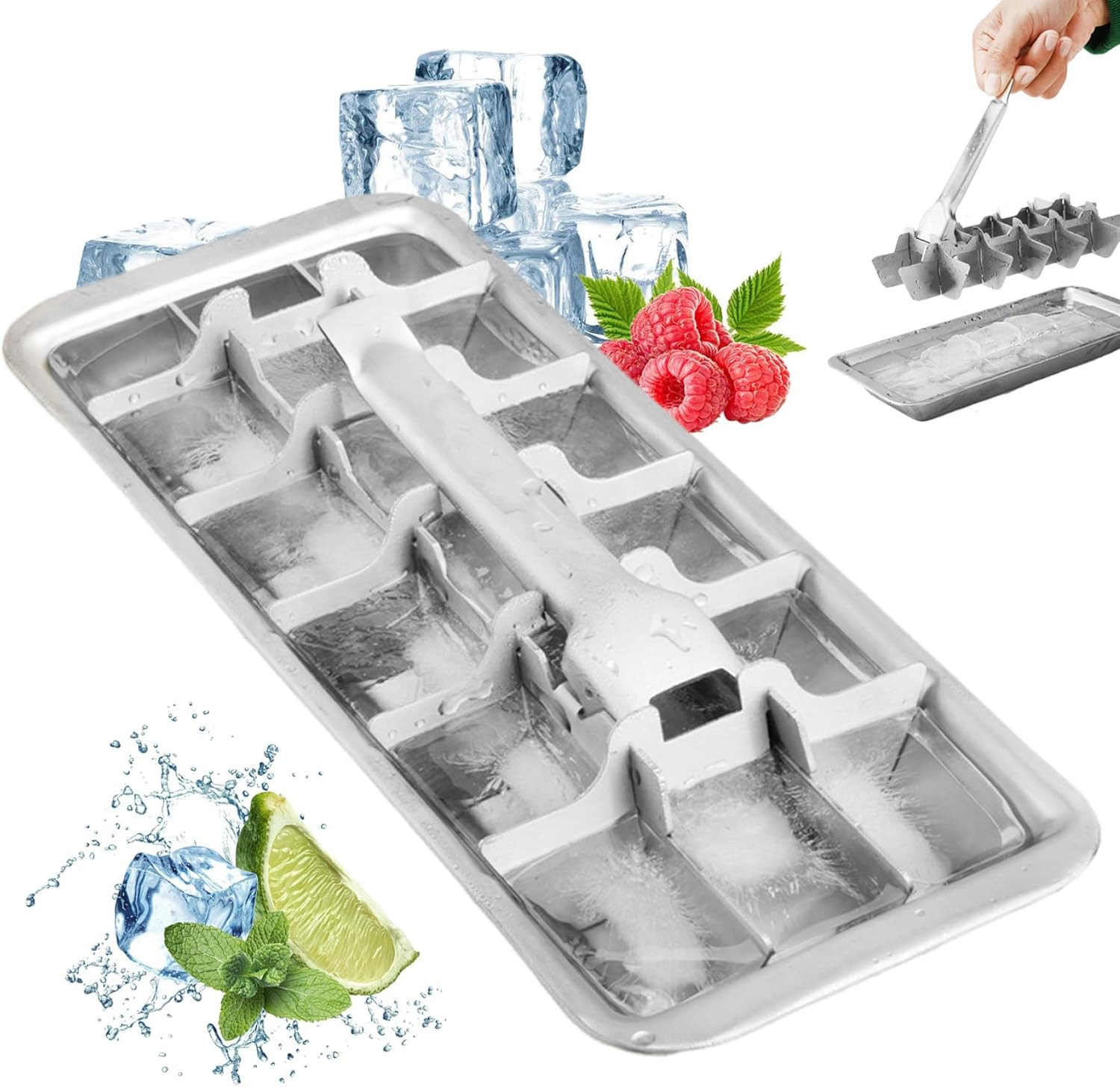Stainless Steel & Metal Ice Cube Trays with Handle – 18-Slot Small Ice Cube Mold