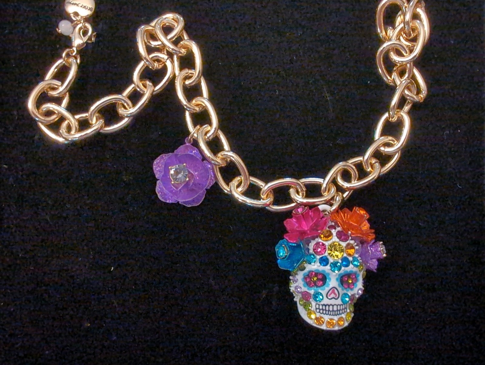 Betsey Johnson Necklace Halloween Day Of The Dead Sugar Skull Floral Crystal New