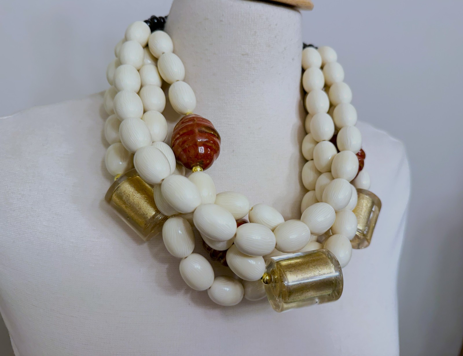 Cream Color Resin Beads & Large Gold Foil Acrylic Multi Strand Necklace
