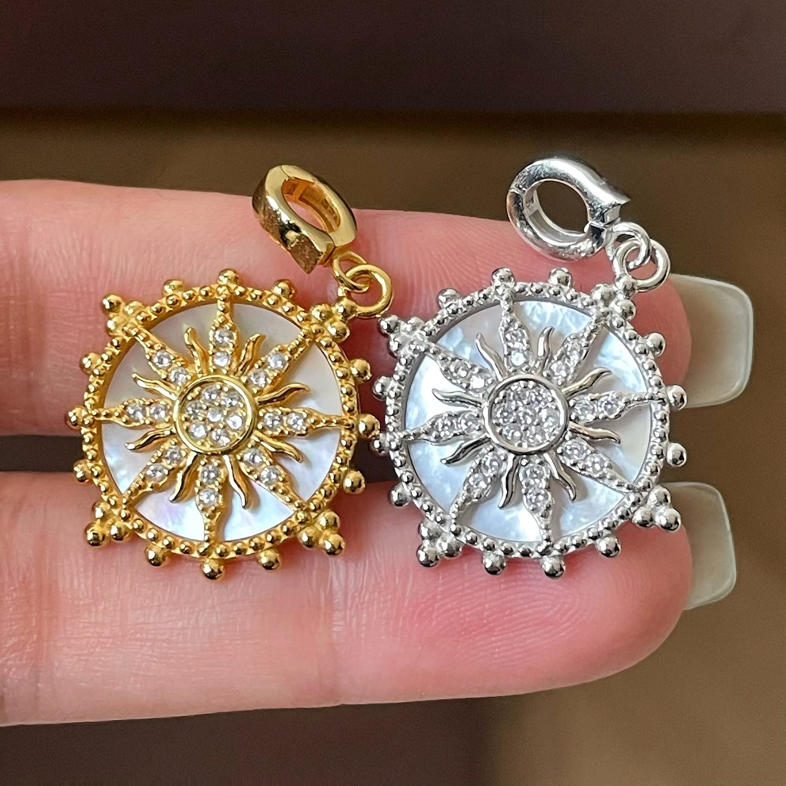 Sunburst Pendant Clear Stone Iridescent Inlay Gold or Silver 925 Sterling Silver