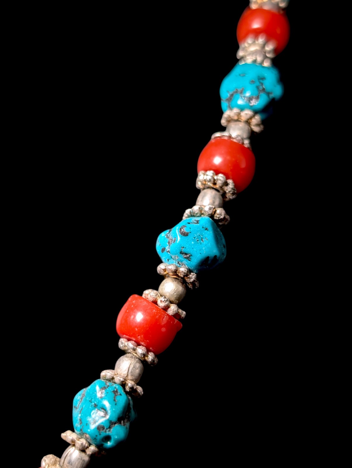 Vintage Faux Turquoise and Faux Coral Silver Tone Beaded Necklace