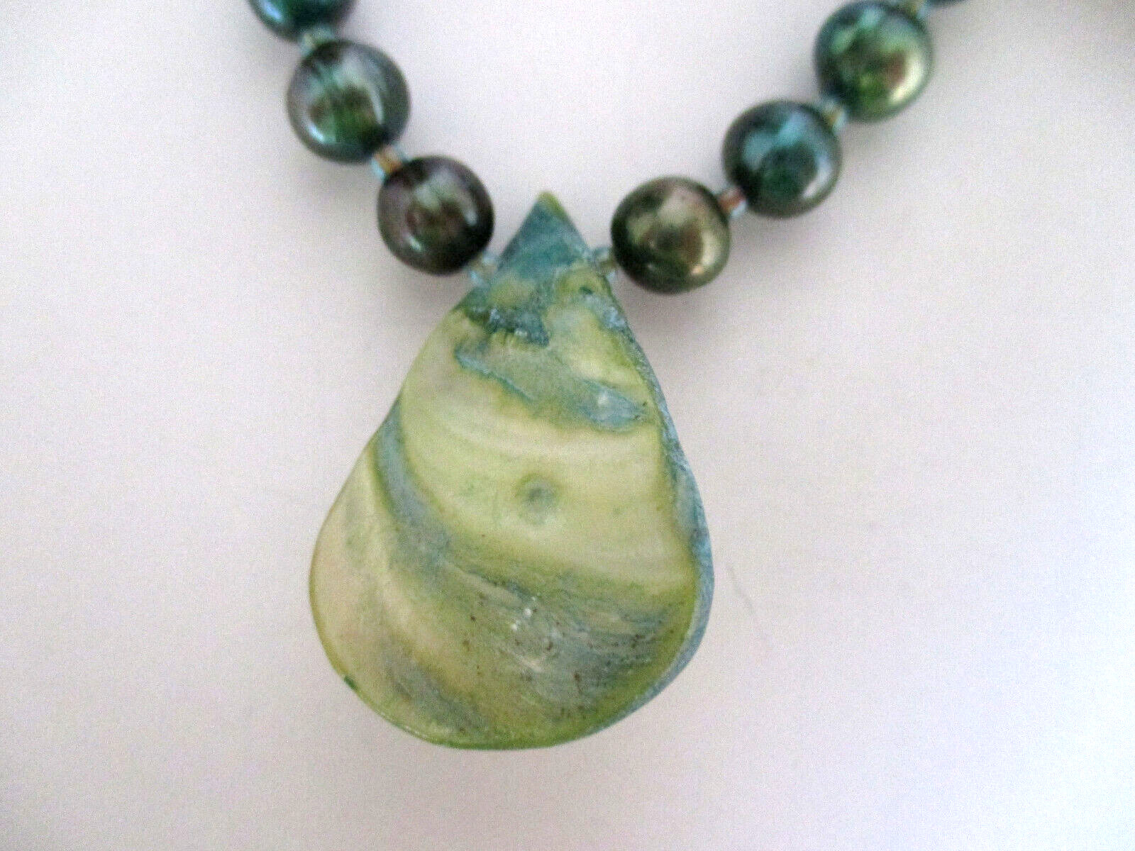Abalone & Beaded Necklace 7 Green Shell Teardrop Pendants Dark Green Beads 15″
