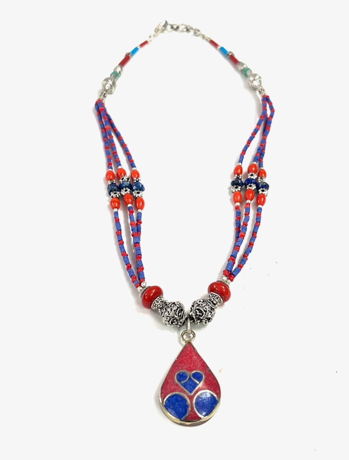 Antique Red Coral Lapis Gemstone Tibetan Bohemian Necklace Jewelry, 18 Inc Adjst