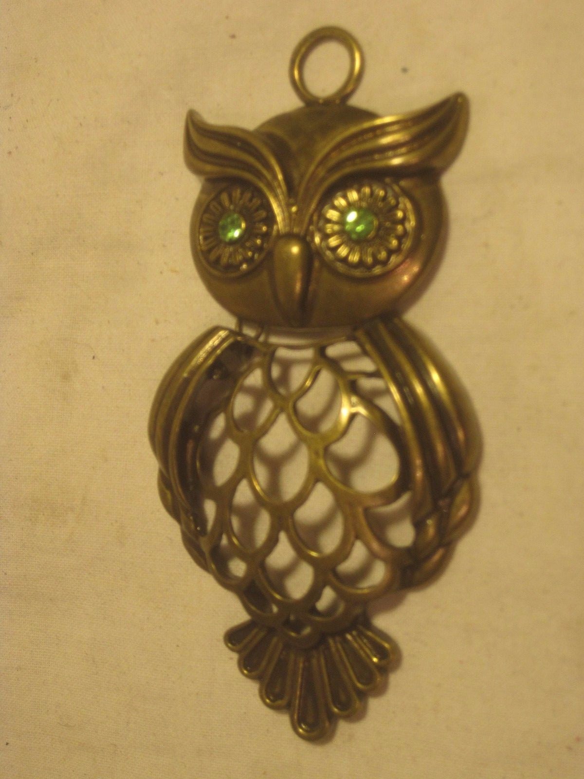 ornate metal owl charm pendant rhinestone eyes? 2 part approx. 3.75″ wise bird