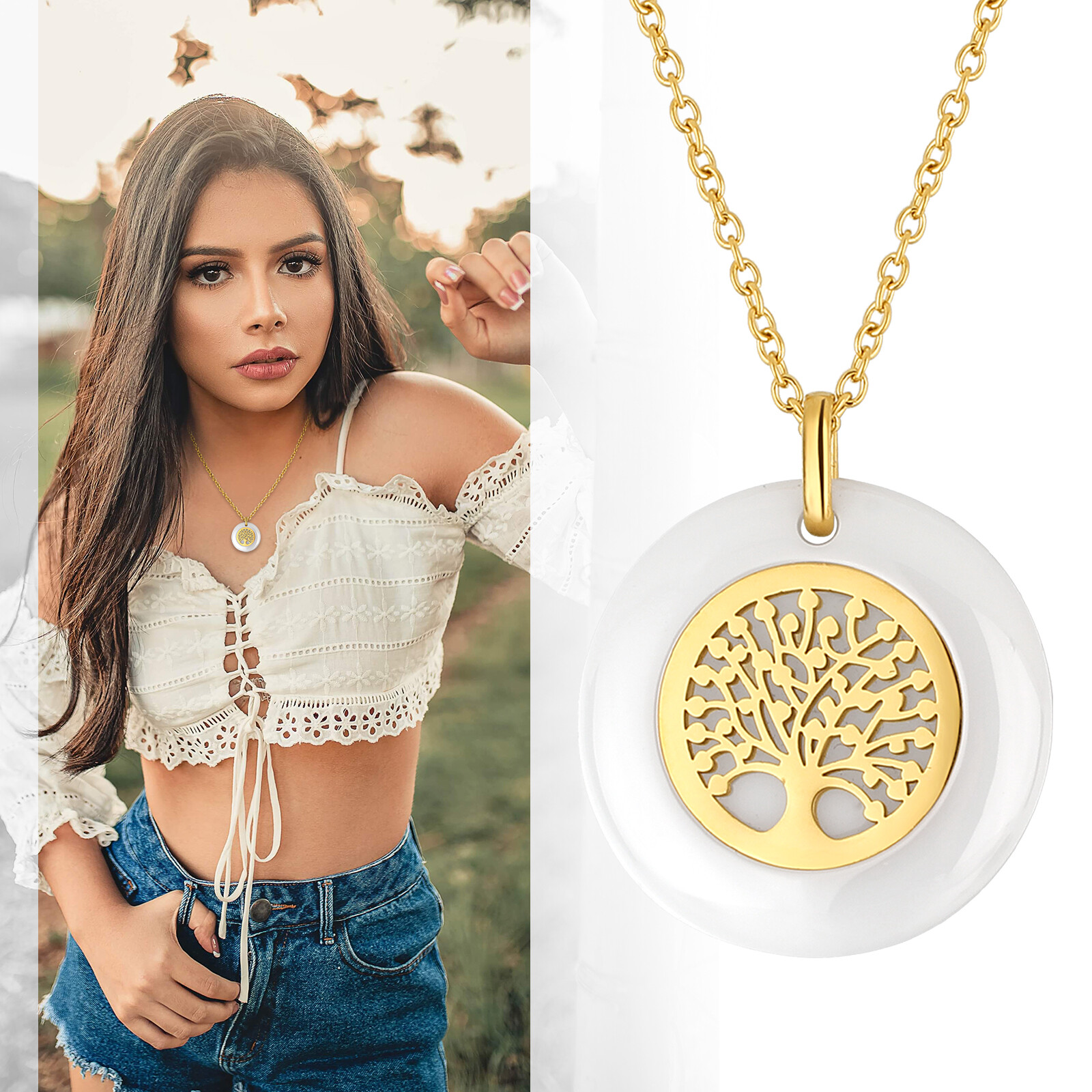 Womens Dainty Stainless Steel Ceramic Round Family Tree of Life Pendant Necklace
