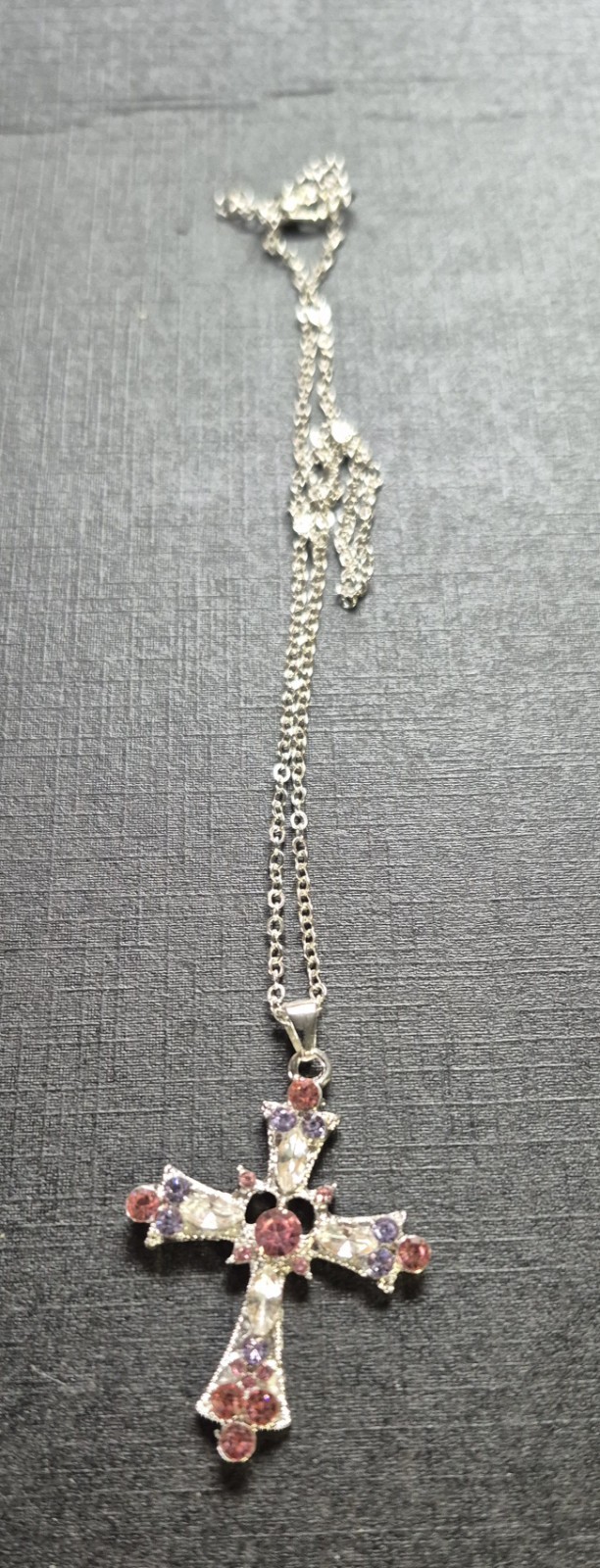 Silver Tone Clear Crystal Cross Charm Pendant Necklace Metal Cable Chain