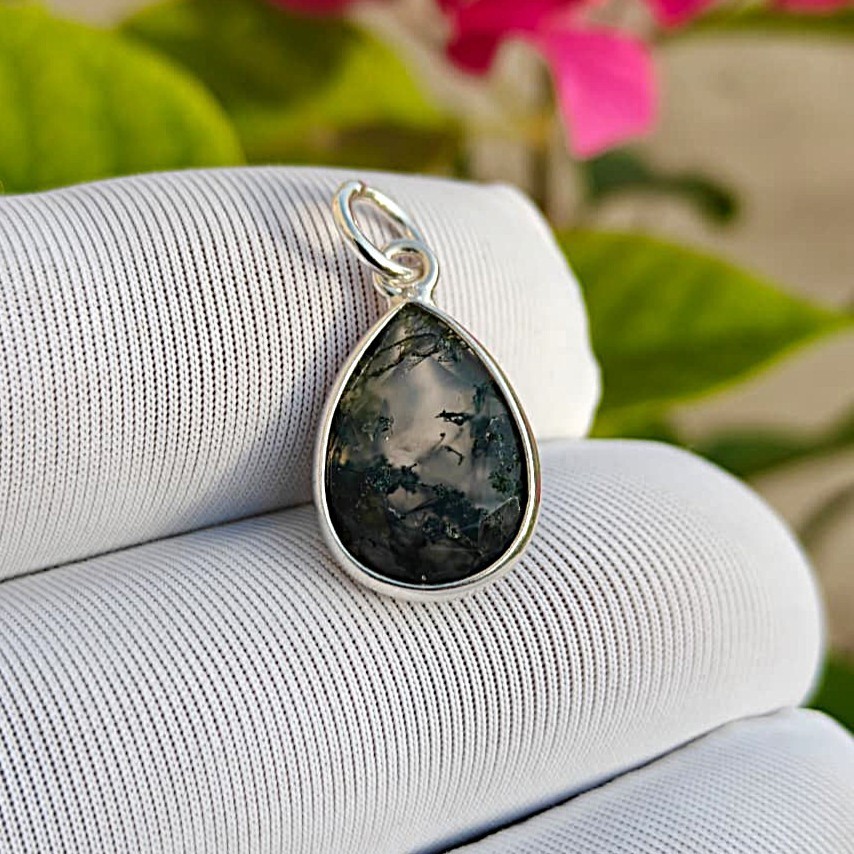 Natural Pear Moss Agate Gemstone Charm Pendant 925 Solid Silver Jewelry for All
