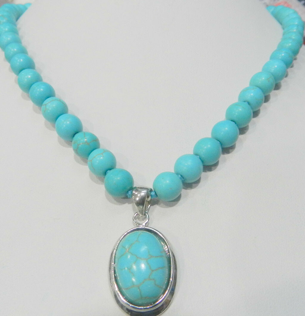 8mm Turkish Blue Turquoise Round Gemstone Beads & 16x22mm Pendants Necklace 18”
