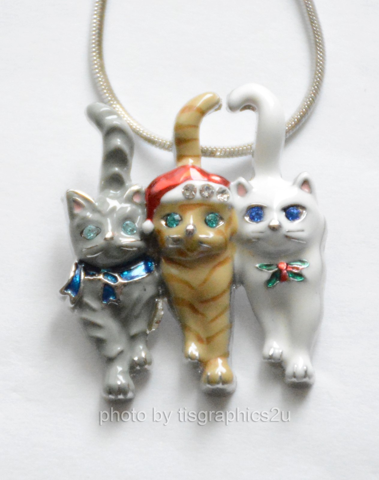 3 Christmas Cats Pendent Necklace / Silver-tone Chain / Holiday Santa Kitten