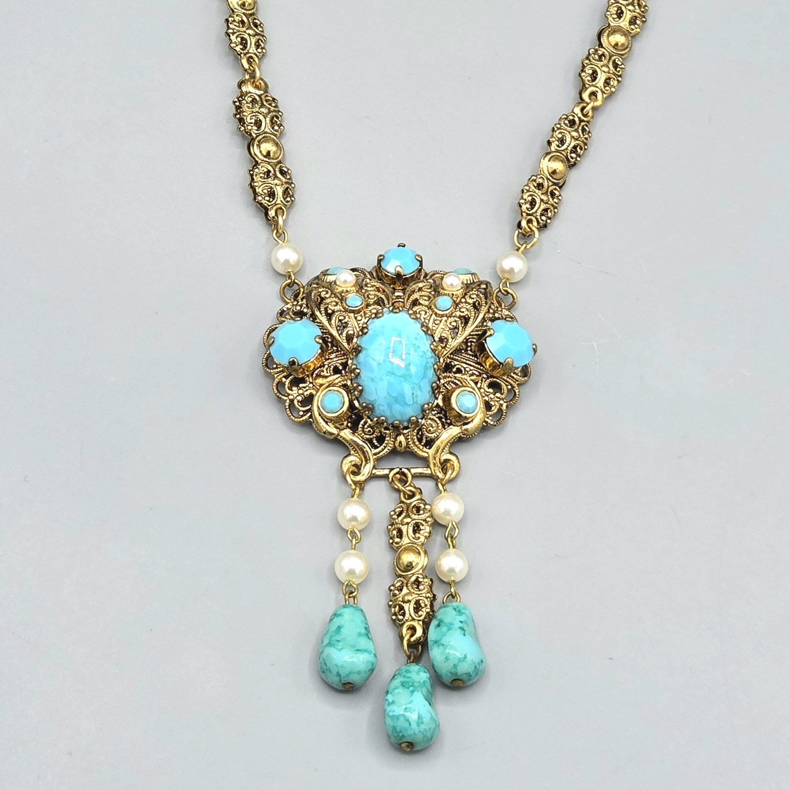 WEST GERMANY Turquoise Mottled Art Glass Drop Faux Pearl Sautoir Necklace 26″