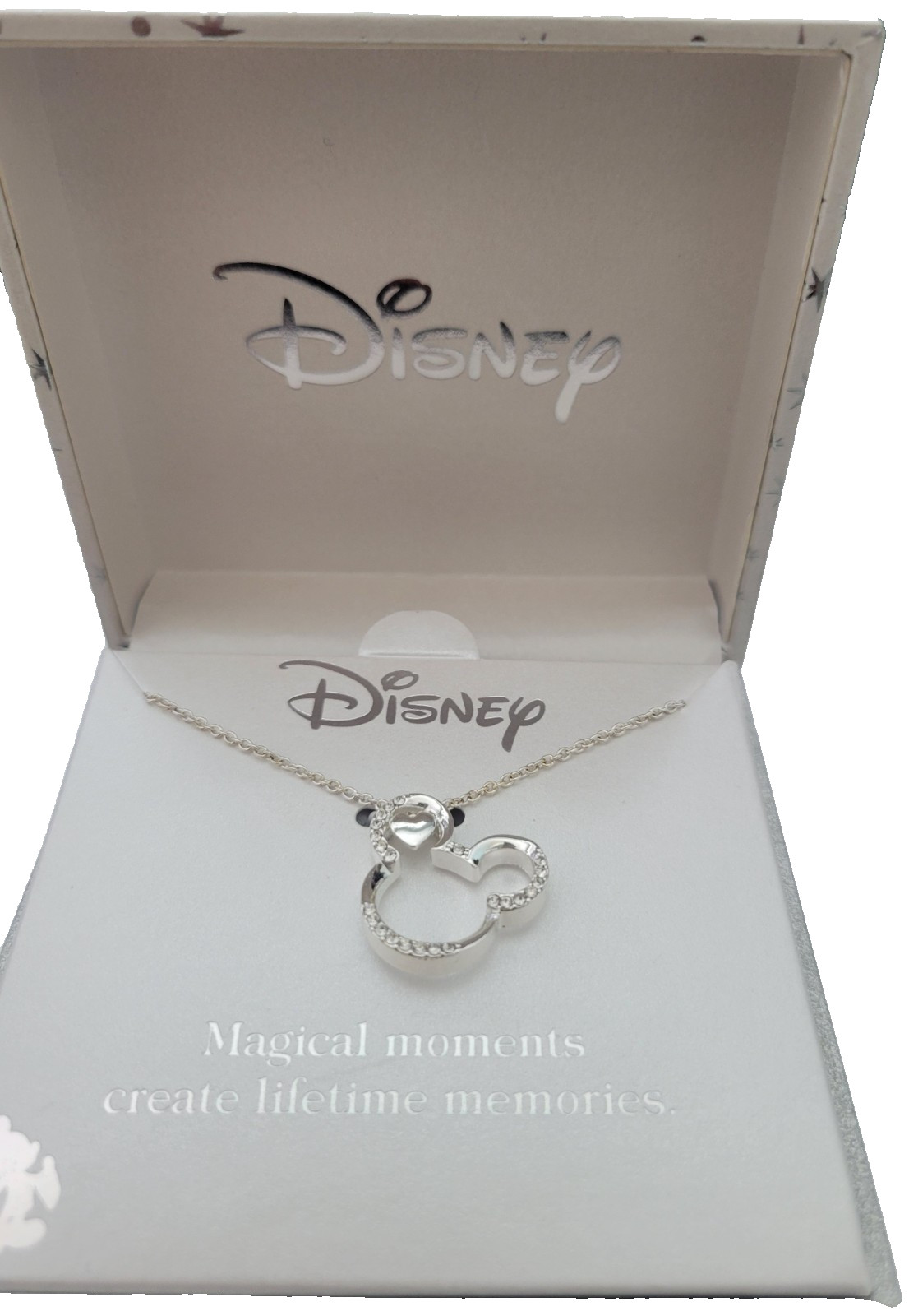 Disney Mickey Mouse Heart Crystal Pendant Necklace Silver Tone Magical Moments