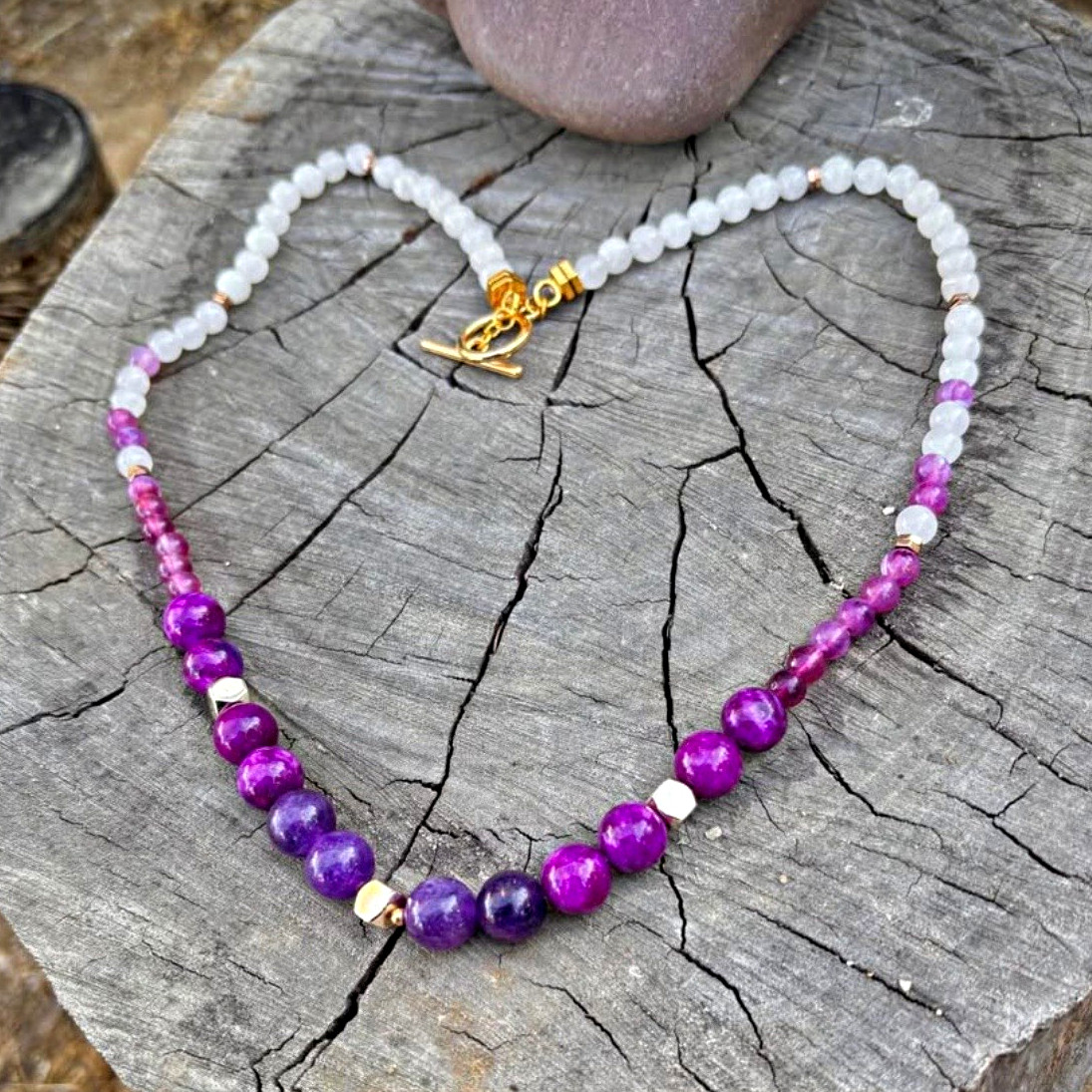 Purple, amethyst w/ white jade stone Necklace, Ball/Bead Chain, Toggle Clasp