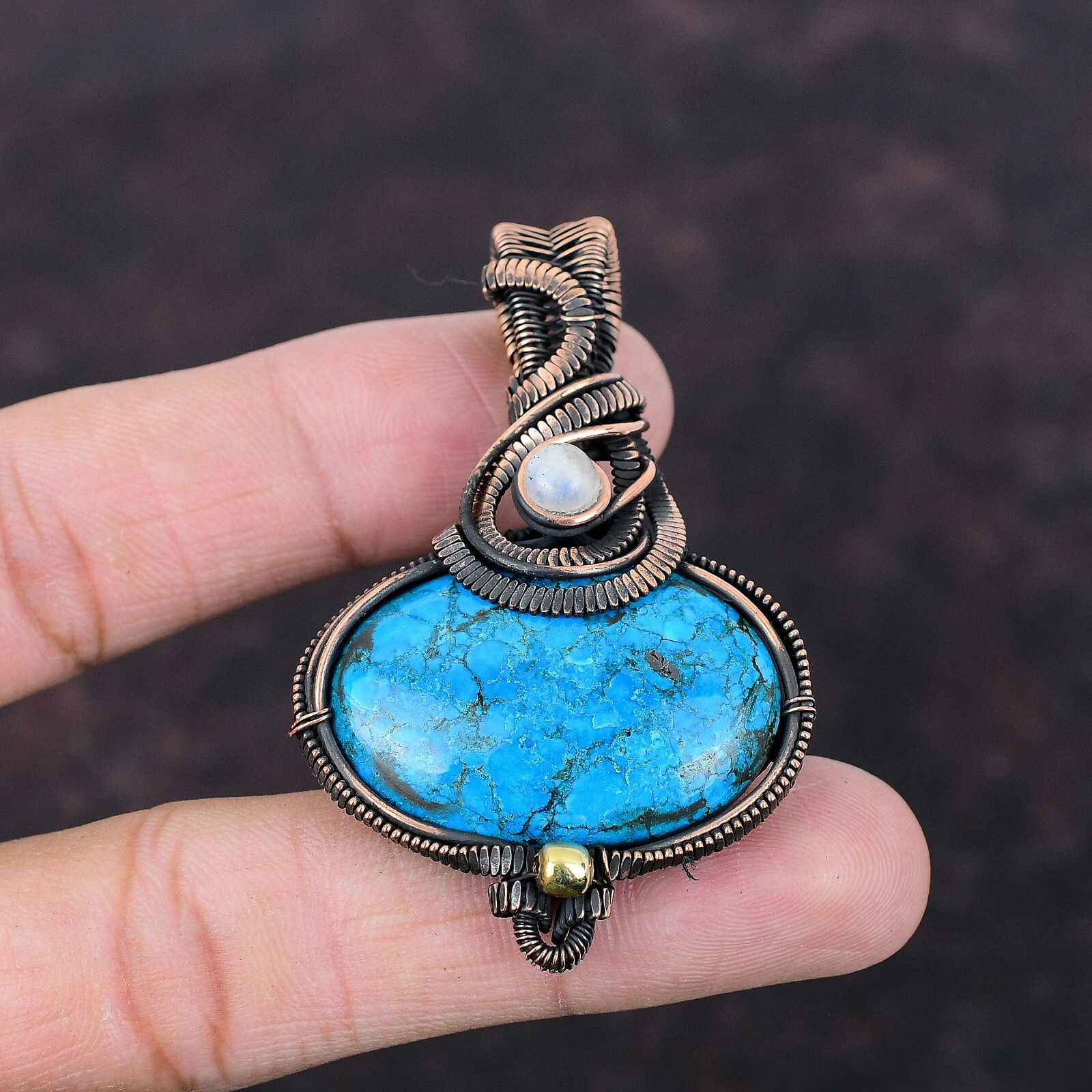 Gift For Her Tibetan Turquoise Wire Wrapped Pendant Copper Jewelry 2.44″