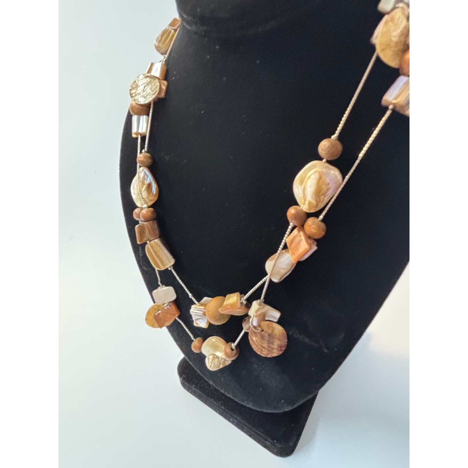 Long Statement Necklace Mother of Pearl Wood Beads Brown Artsy Boho Jewelry