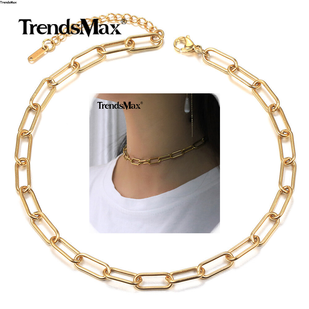 7mm Gold Plated Stainless Steel Paperclip Cable Chain Necklace Choker for Women