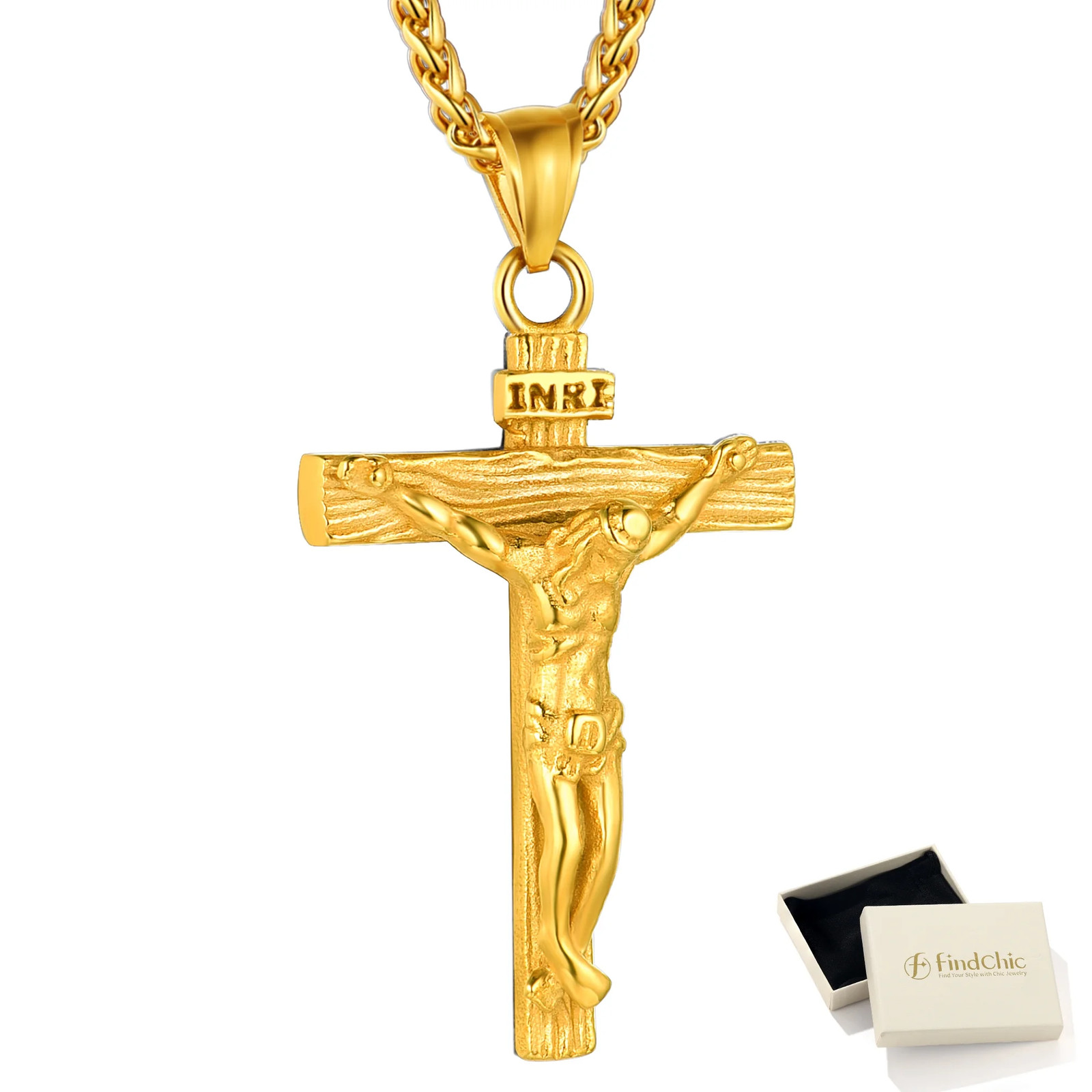 Gold Plated Cross Necklaces for Men Stainless Steel INRI Crucifix Pendant Neckla