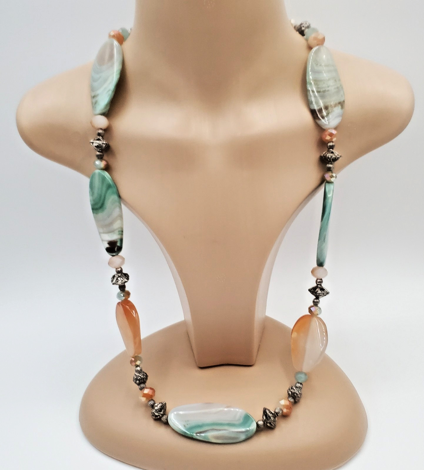 Banded Agate Stone Necklace 32in Peach Aqua Green Brown Polished Natural Beads