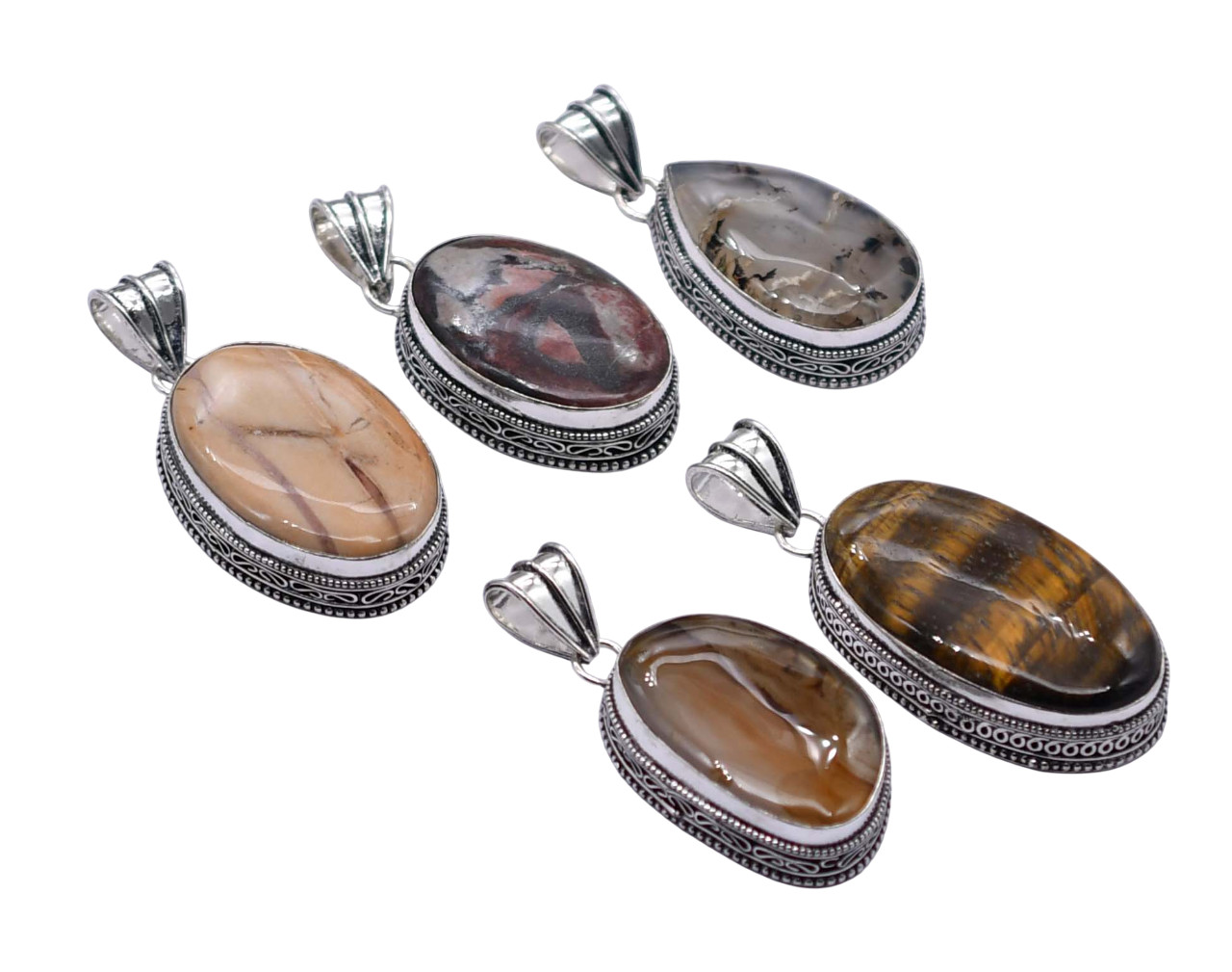 5 PCS Mix Gemstones Ethnic Handmade Pendant Silver Plated Mix Lot PP 159