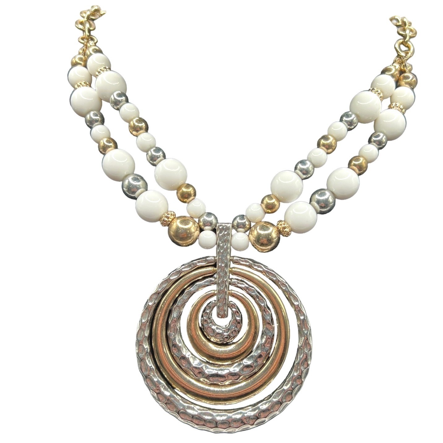 Statement Necklace Silver Gold Tone Round Pendant White Beaded Chain