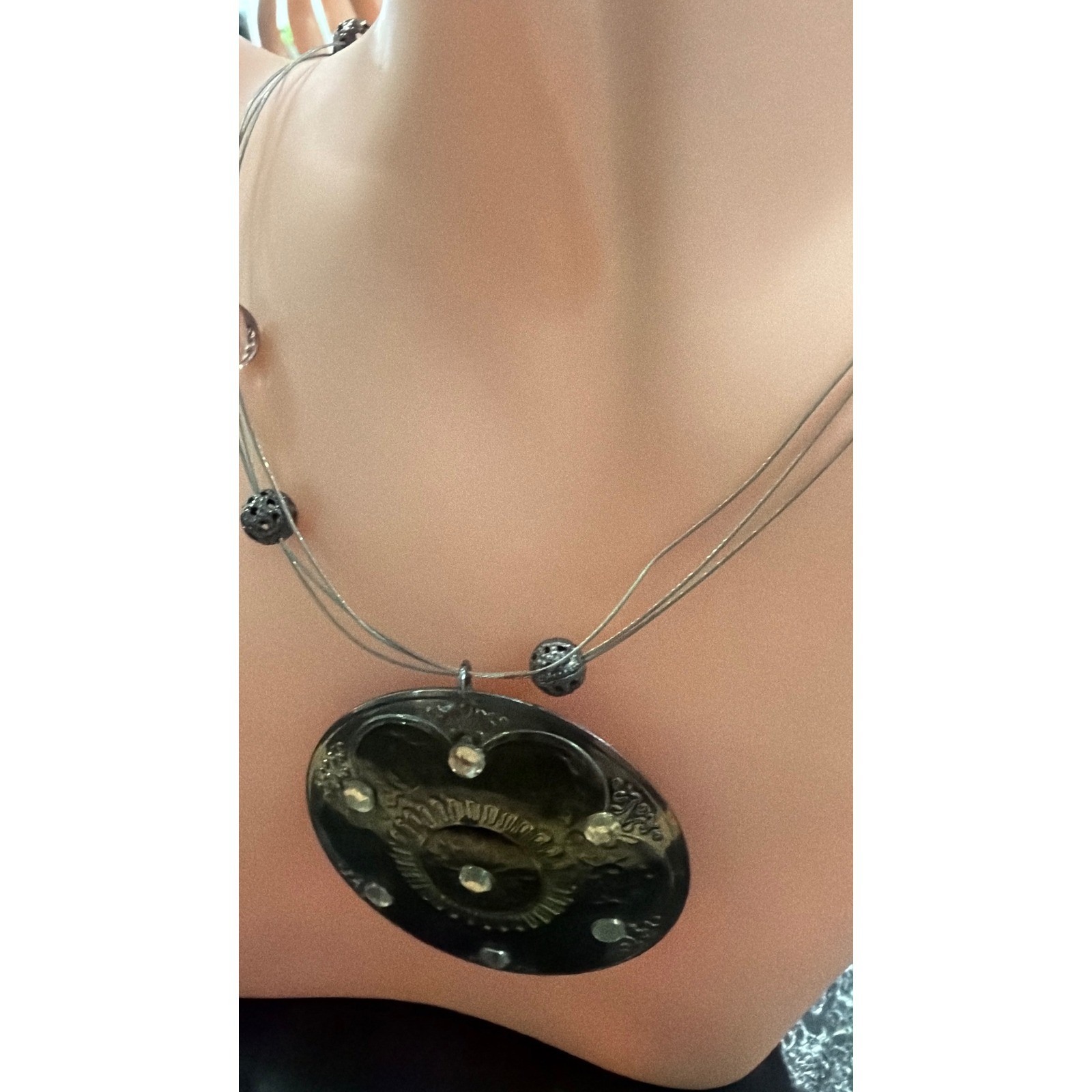 Gunmetal Oval Medallion Rhinestone Multi-Strand Statement Necklace Boho Black