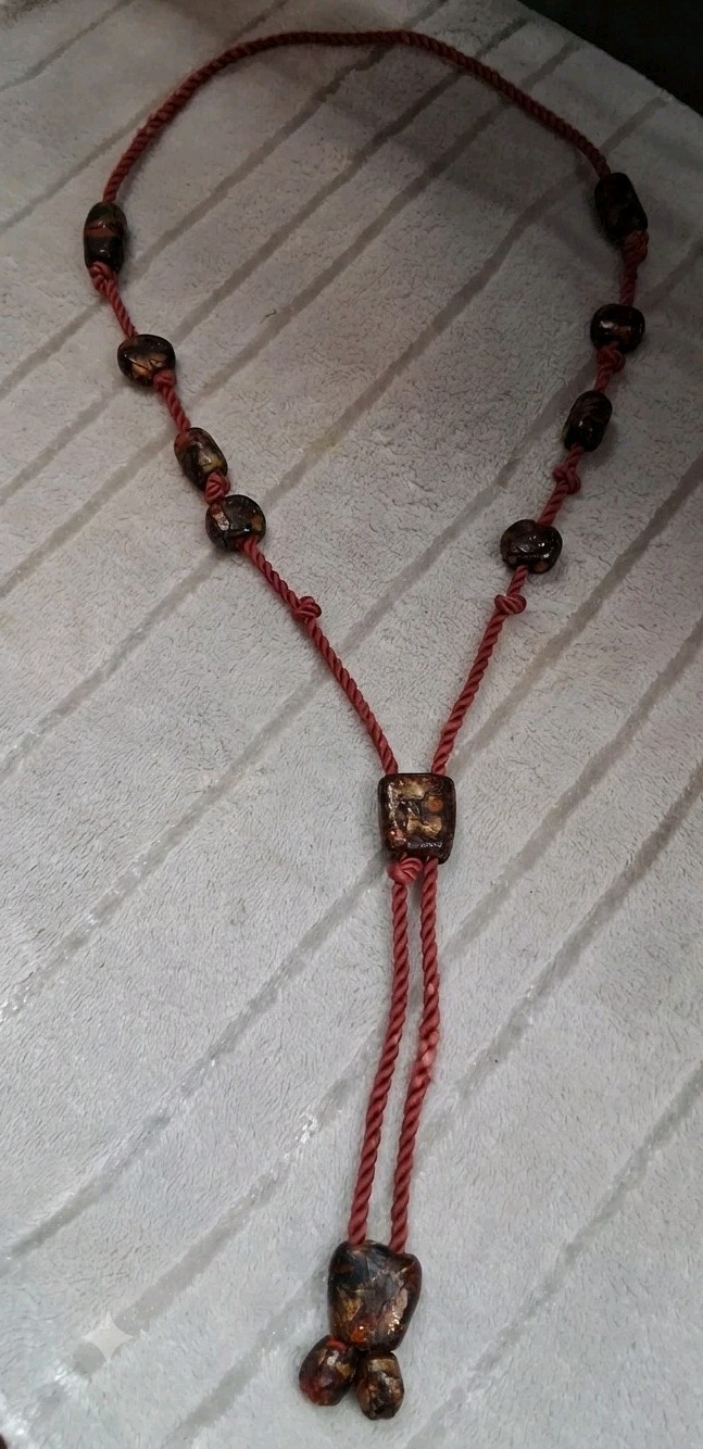 Vintage Cord Bolo Tie Lariat Necklace Wooden Beads Gold Fleck Boho Southwestern
