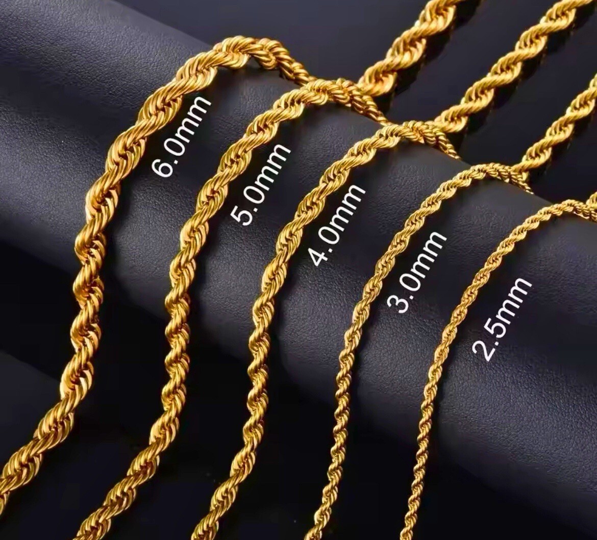 18K Gold Plated Rope Chain Necklace Stainless Steel Lobster Clasp 2–6mm 16–30in