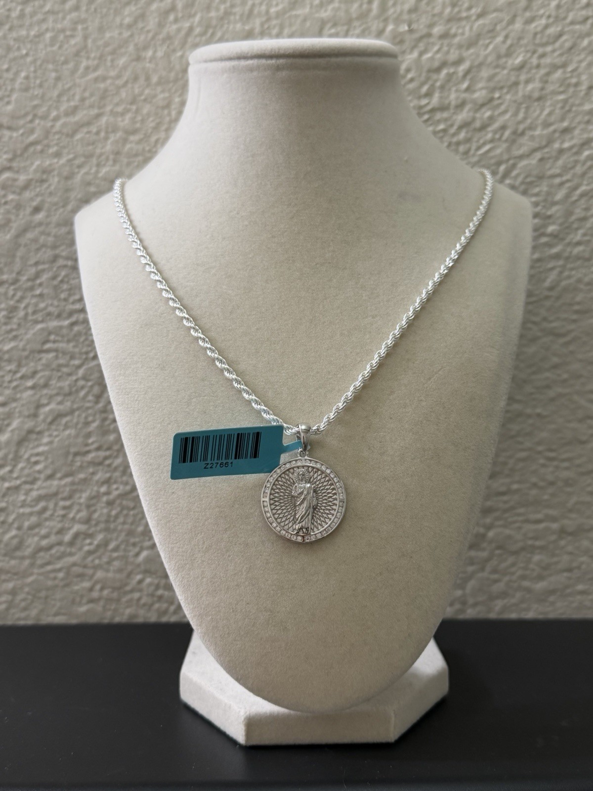 22 inch 3mm – 925 Sterling Silver Rope Chain & Moissanite St Jude Pendant Combo