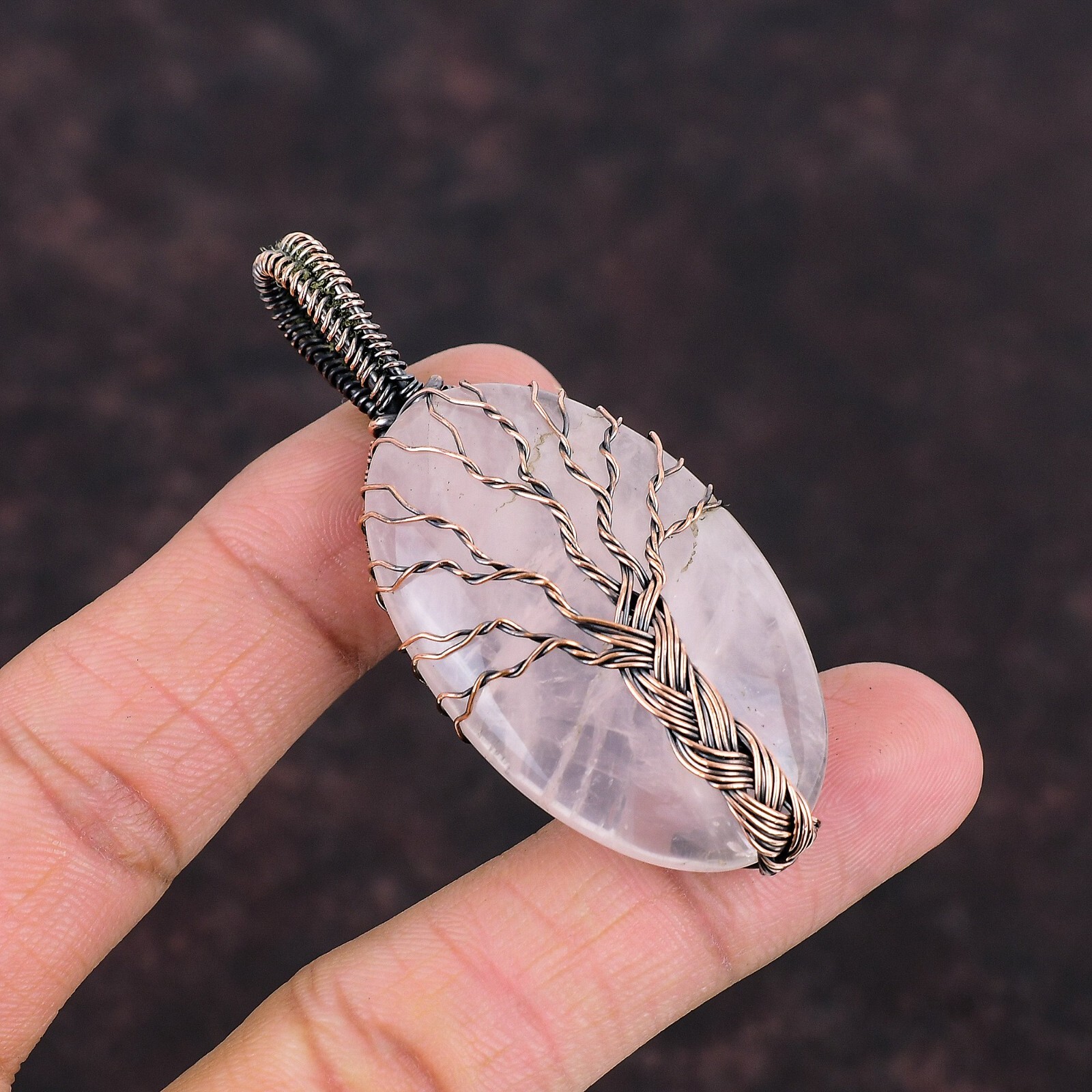 Rose Quartz Copper Gift For Bridesmaid Wire Wrapped Tree Of Life Pendant 2.44″