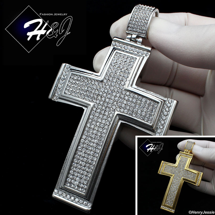 MEN STAINLESS STEEL ICY BLING CZ SILVER/GOLD PLATED 3D BIG CROSS PENDANT*IP20