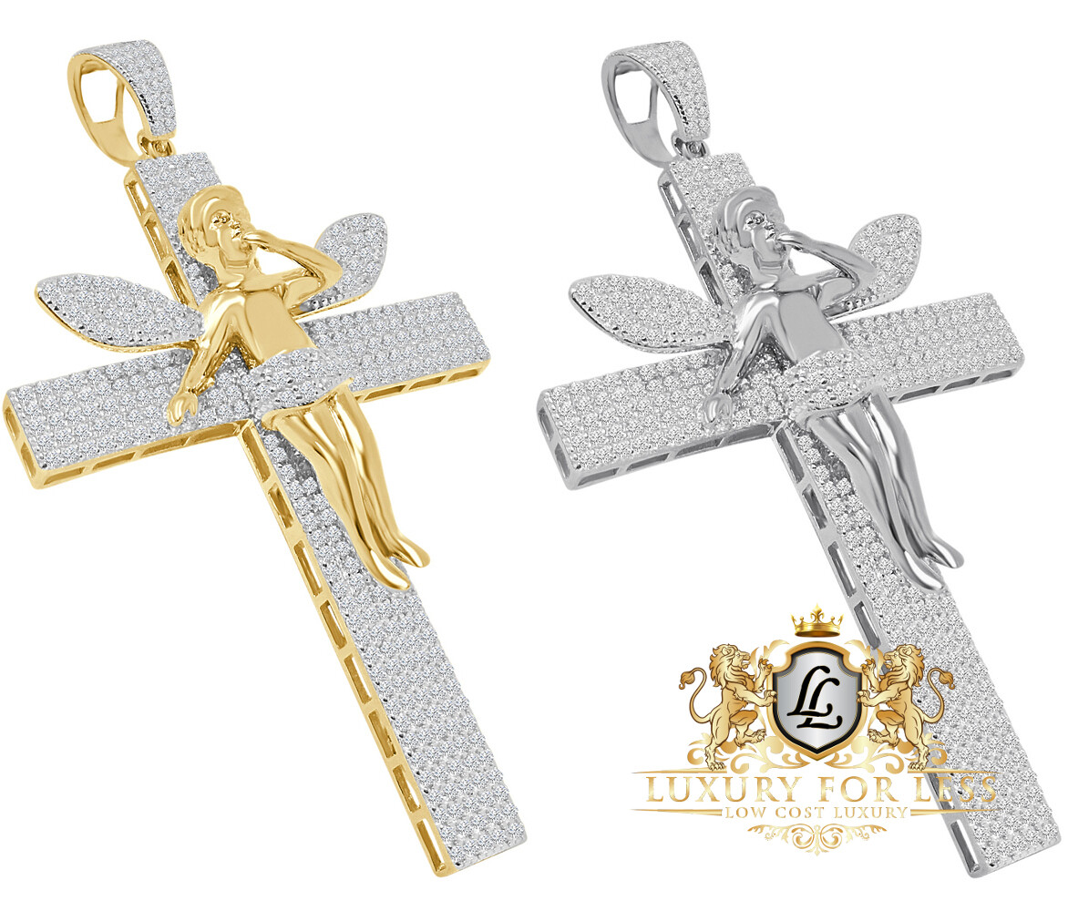 Big XL 3.75” Real Sterling Silver Angel Cross Pendent Charm