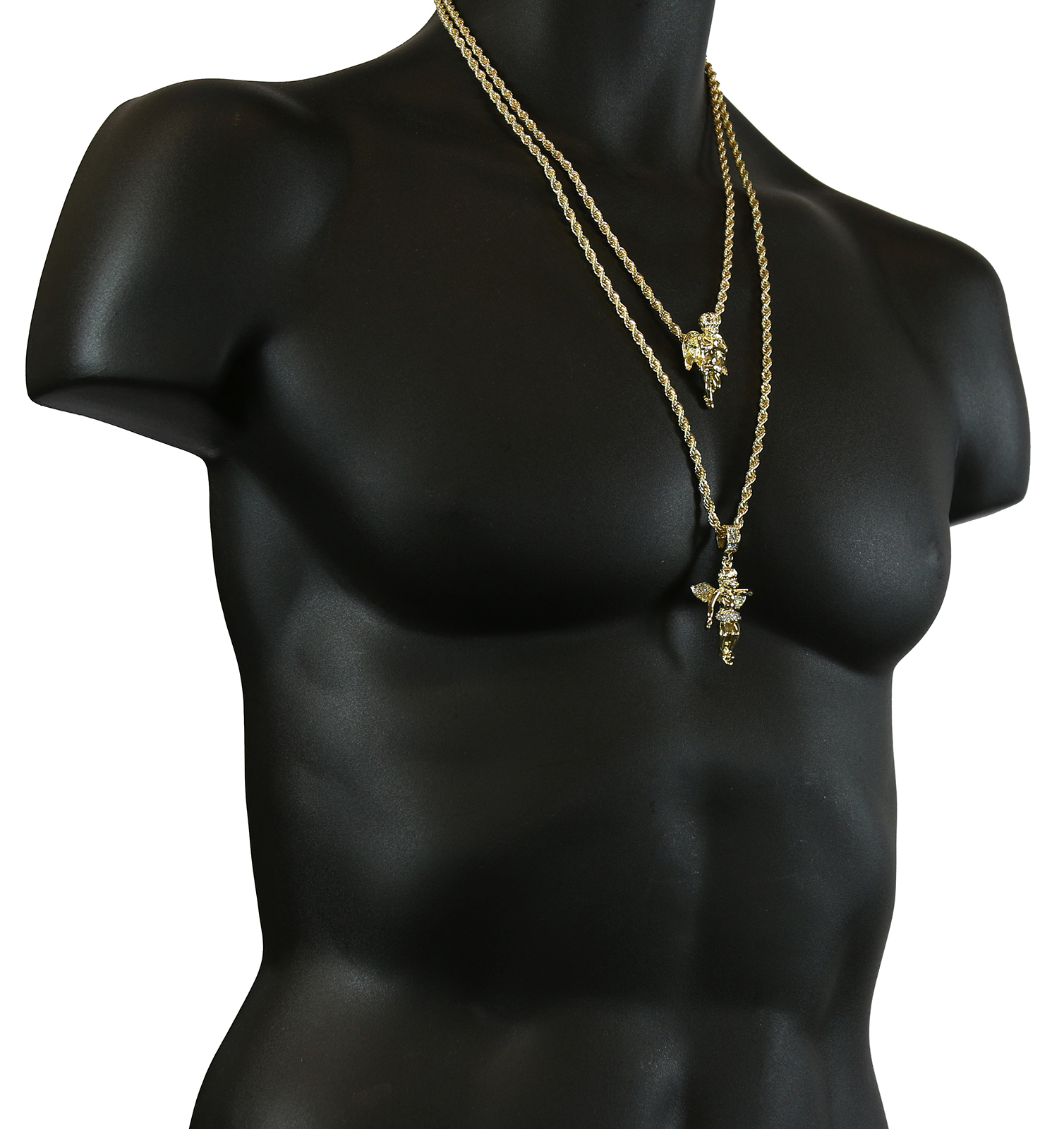 14k Gold Plated High Fashion 2 Angels Pendant Cubic Zirconia 30″/24″ Rope chain