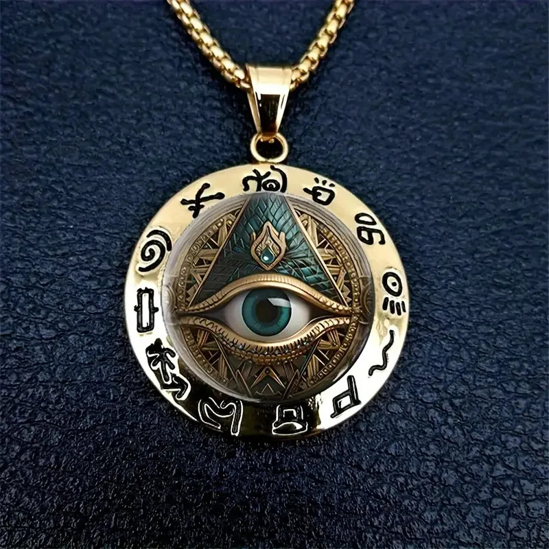 Ancient Egyptian Talisman: Eye Pattern Glass & Hieroglyphic Zinc Alloy Pendant