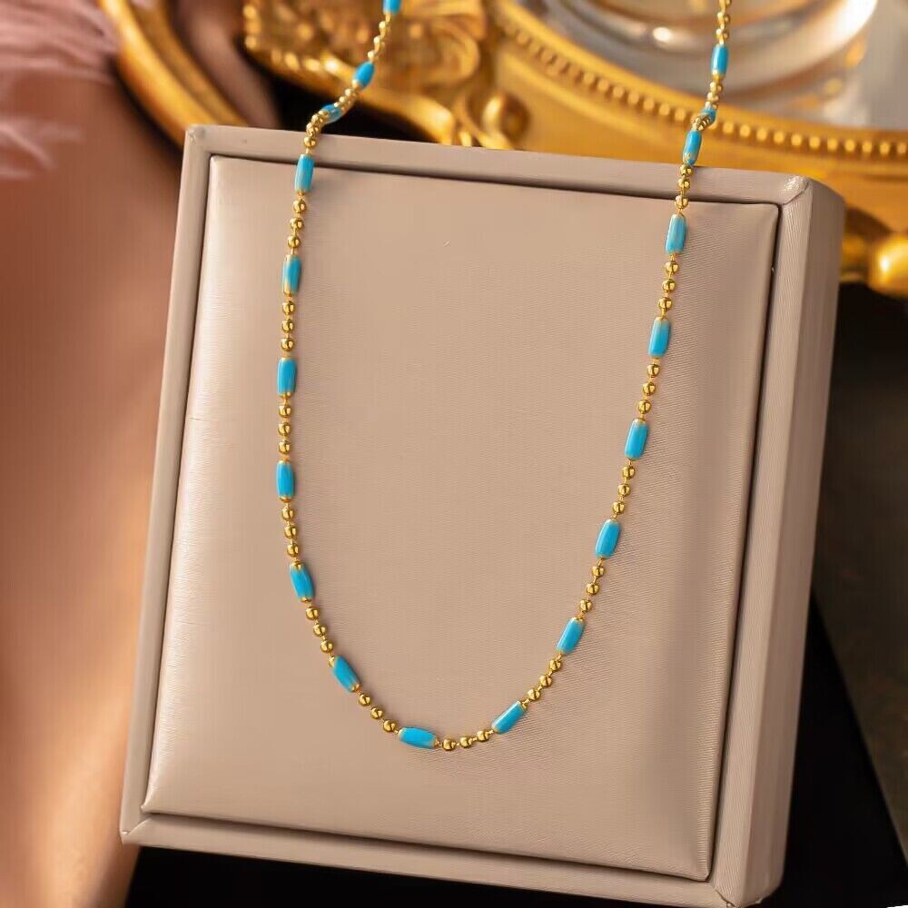 Woman 18K Gold Plated Stainless Steel Enamel Blue Bead Oval Necklace Chain