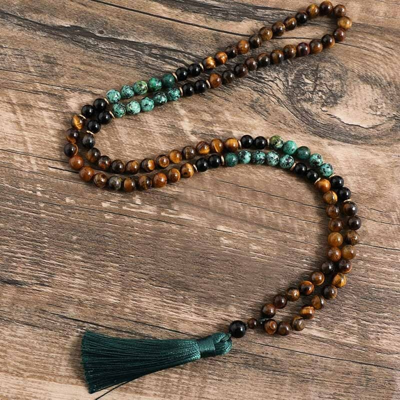 Tiger’s Eye Turquoise 108 Mala Bead Prayer Tassel Healing Women Men Necklace