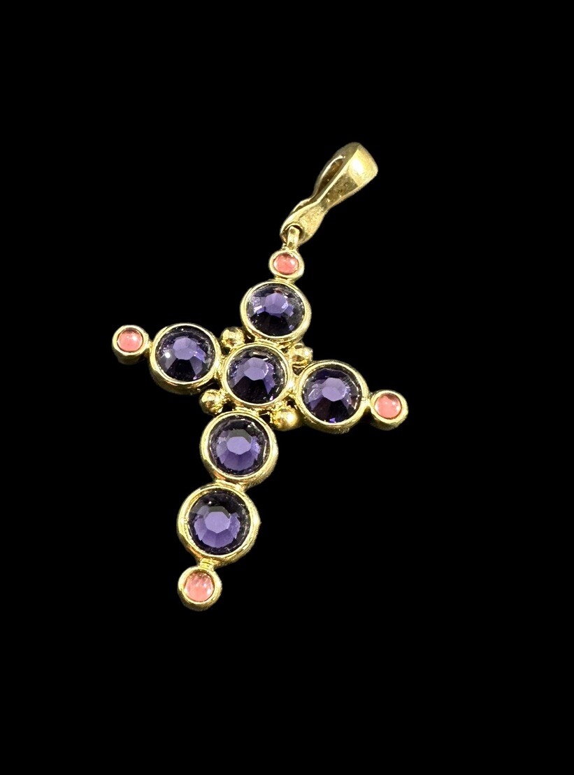 Pendant Cross Signed Francesca Visconti Gold Tone Pink And Purple Rhinestone