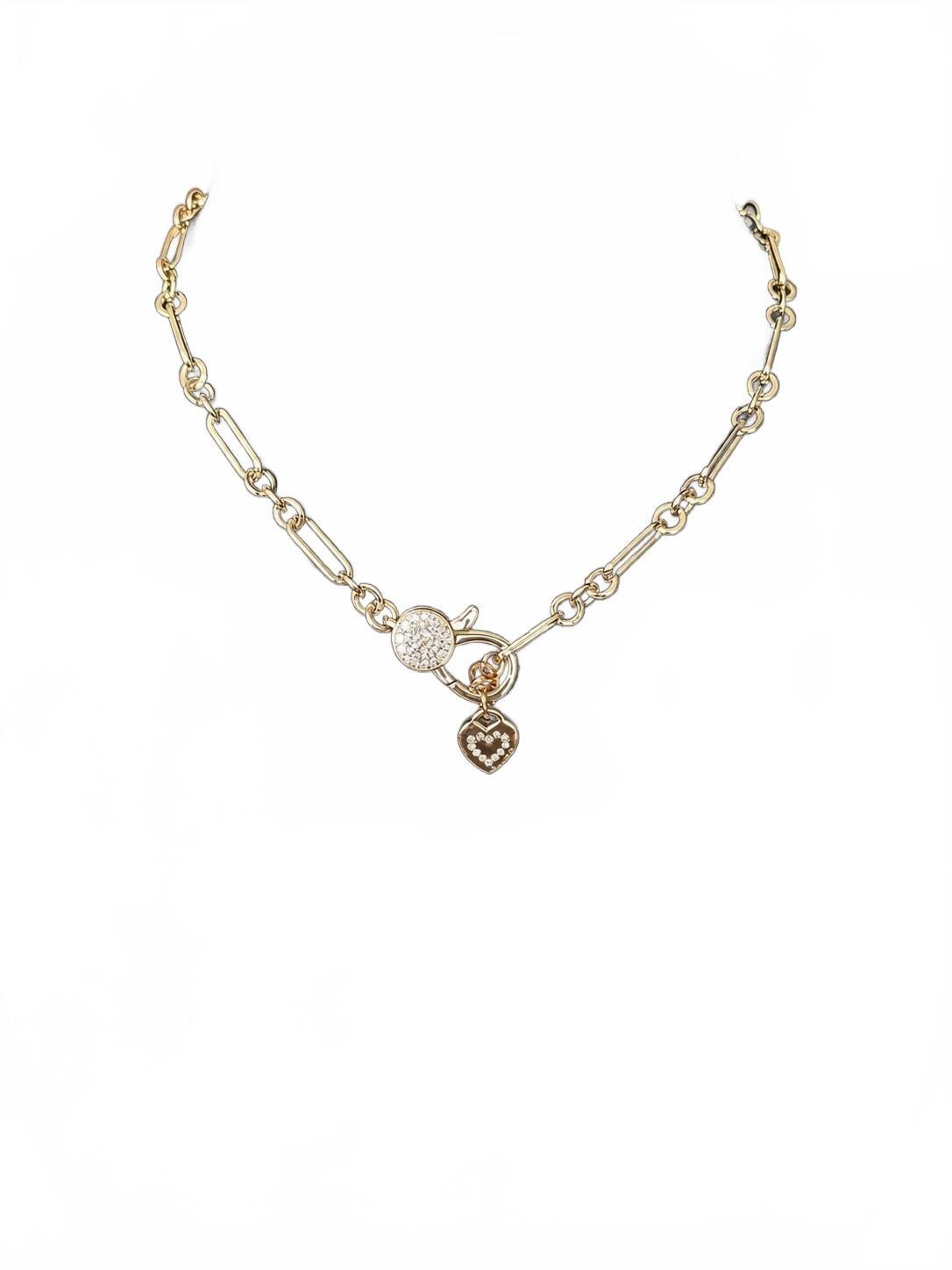 GUESS Gold Tone Toggle Necklace Rhinestone Heart Charm 18-20″ NWT