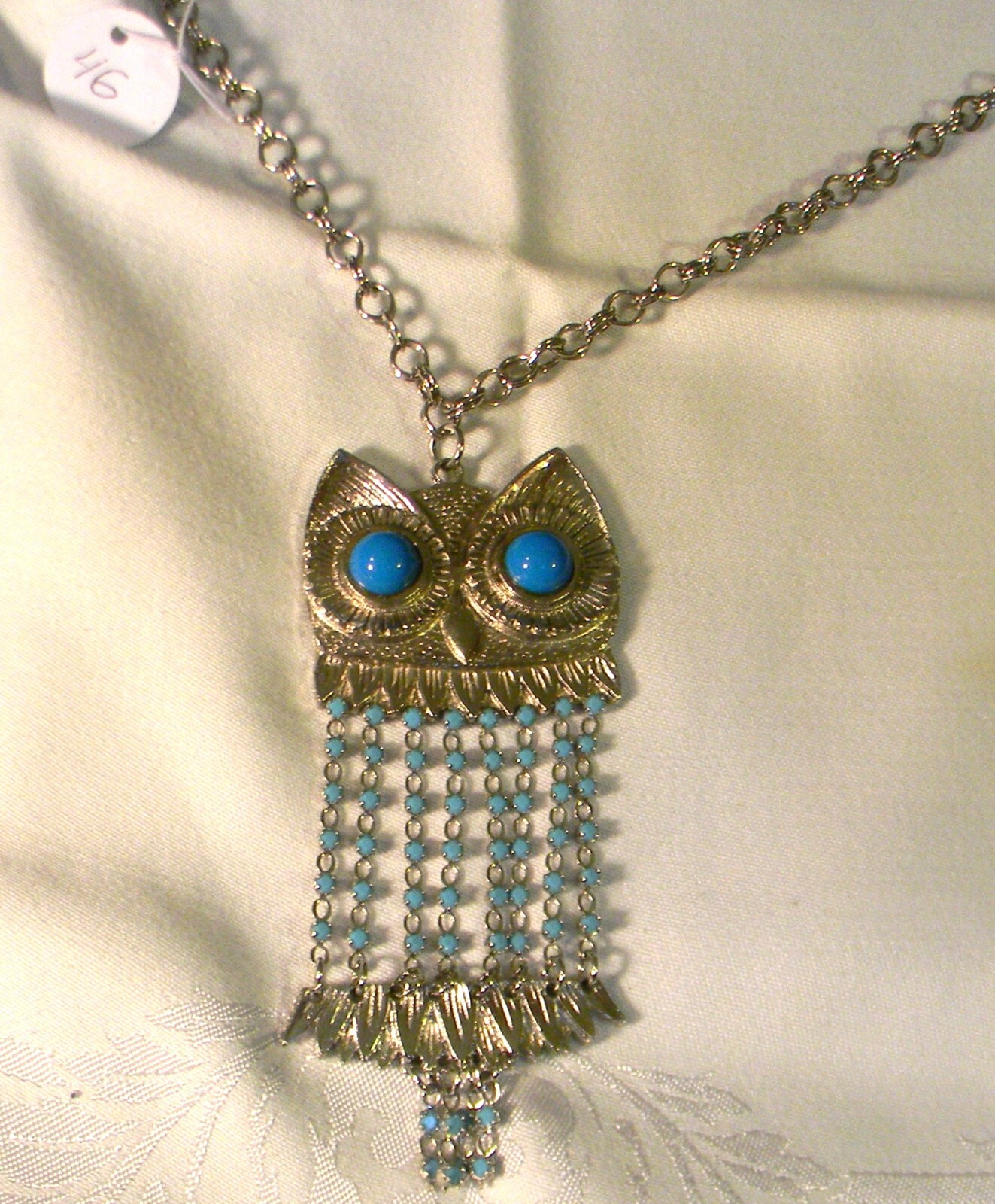 Silver Tone 24″ Necklace Great Horned Owl W/ Faux Turquoise – Fold-Over – #46