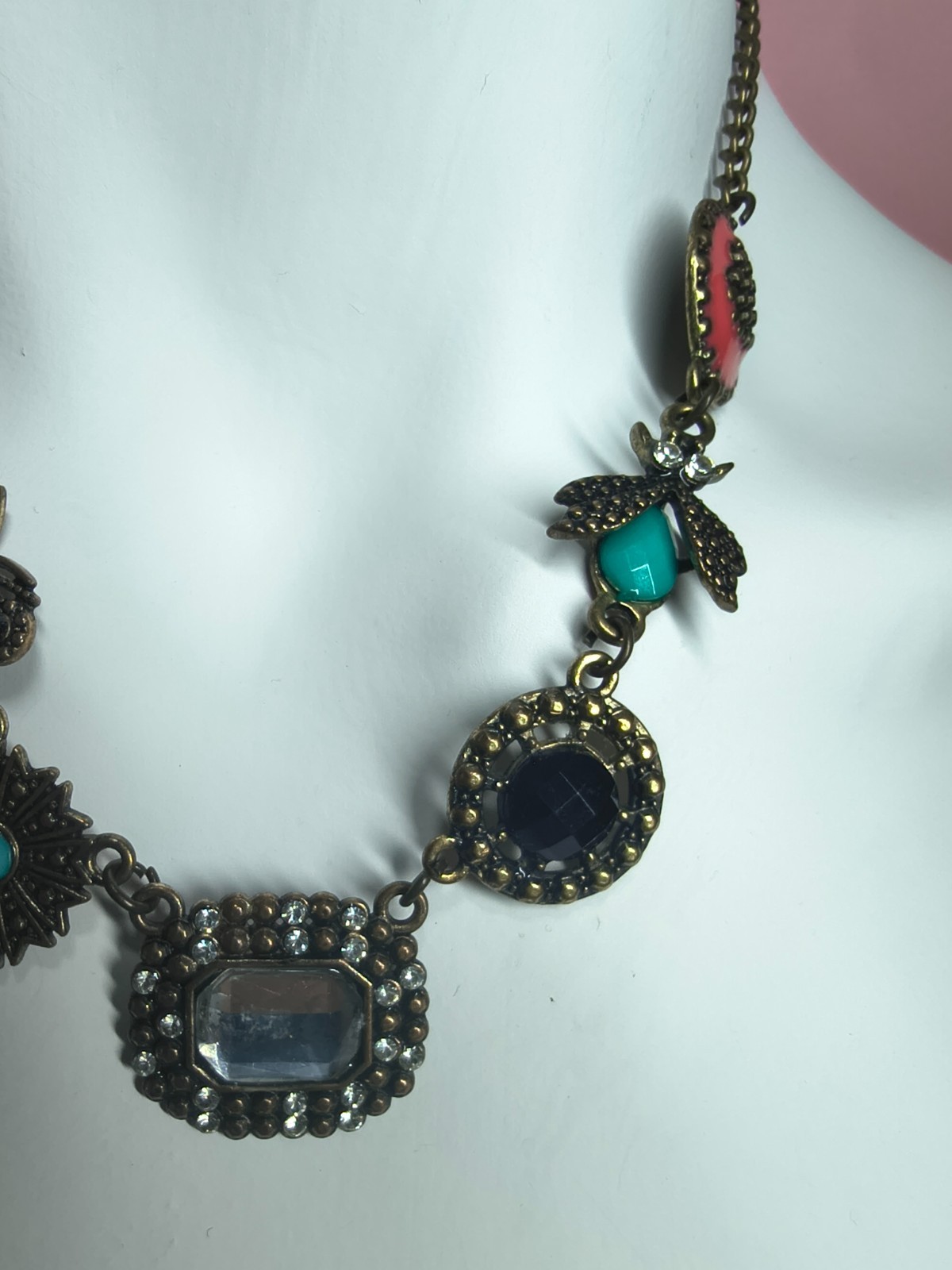 Boho Bronze Tone Statement Necklace Bee Horseshoe Turquoise Crystal 40-46.5cm