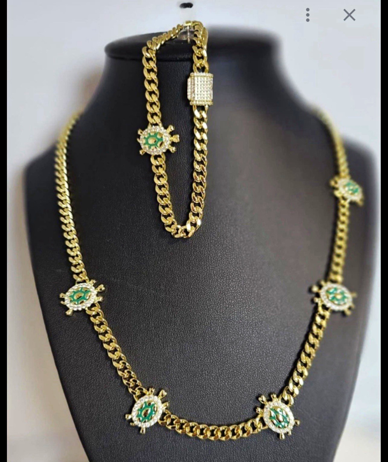 Gold-Tone Cuban Link Chain Necklace w/ Green Round Crystal Charm Stations