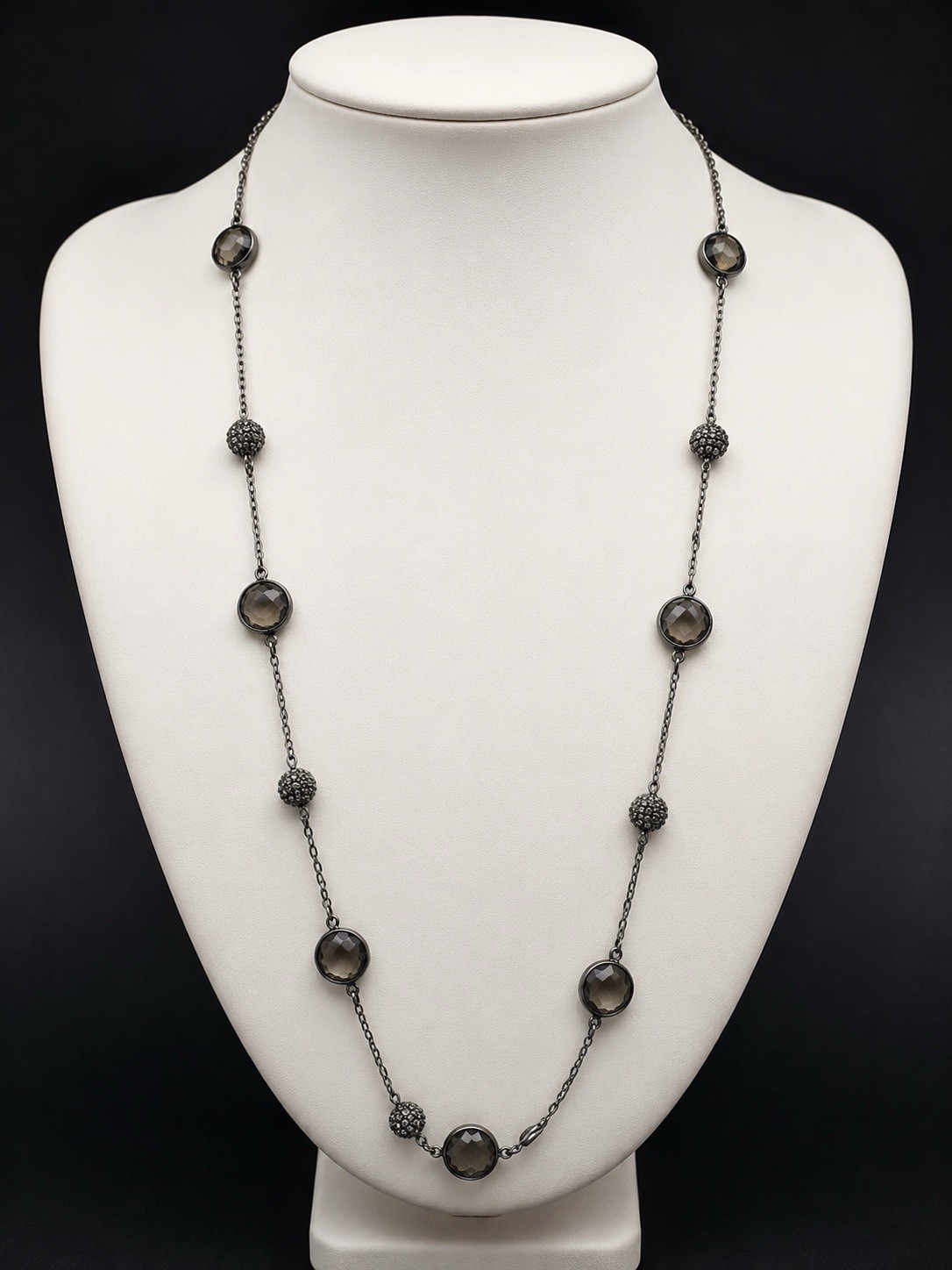 Lia Sophia 40” Gunmetal Station Necklace Smoky Gray Crystal Bead Long Retired