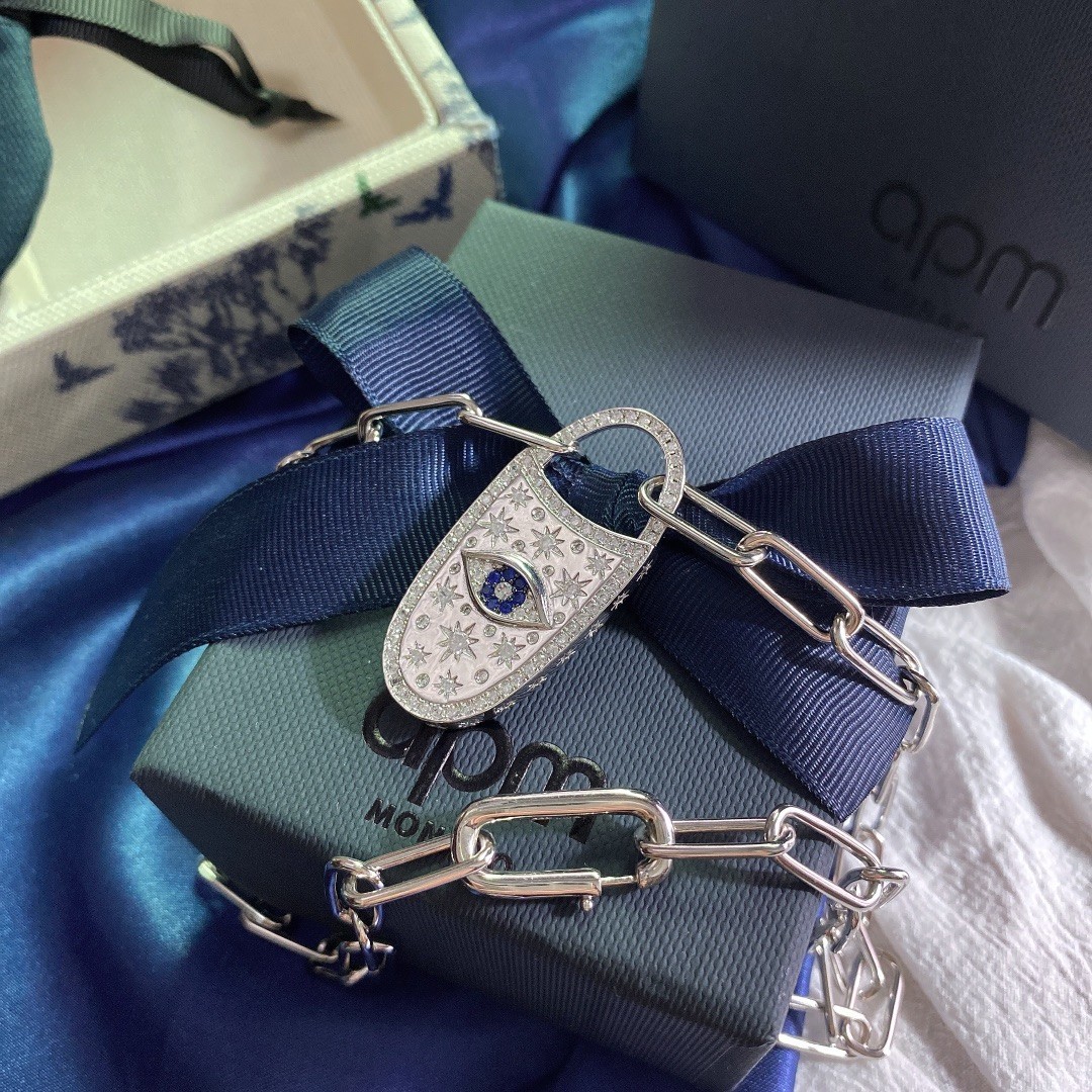 APM Monaco Evil Eye Crystal Padlock Chain Necklace Silver Tone Statement Jewelry