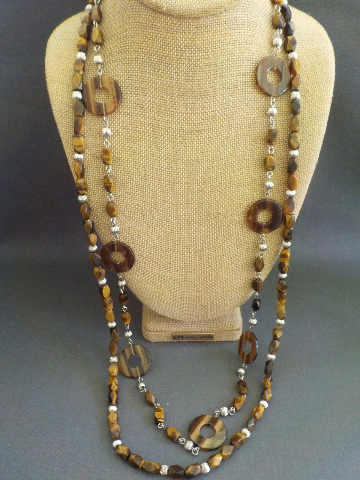 Tiger’s Eye & Plastic Round Double Strand Bead Necklace Long Brown Faceted