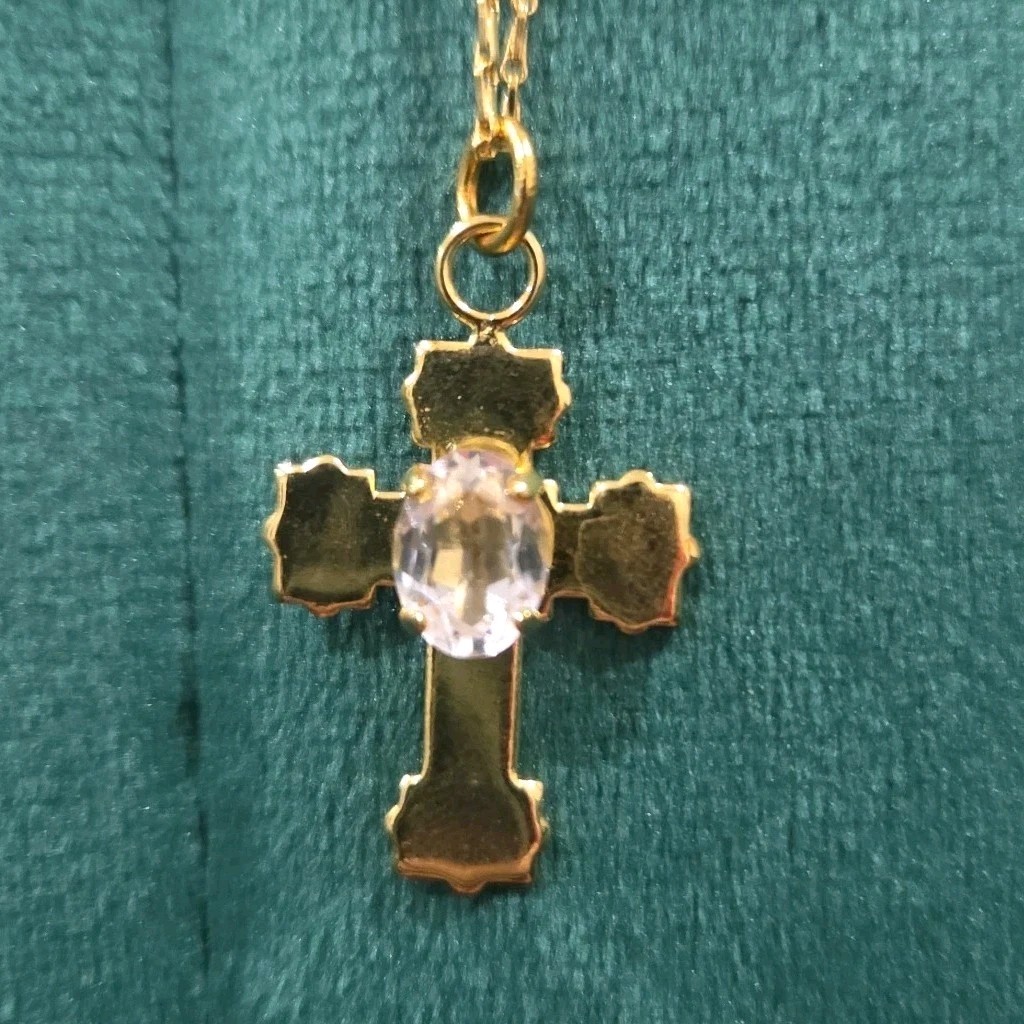 Unworn Vintage Cross Necklace Gold Clear Rhinestone 16x27mm Pendant 50cm Chain