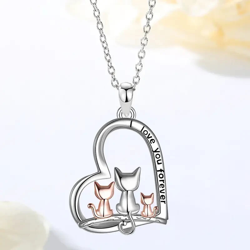 Cute Cat Family Heart Shaped Pendant Necklace Cat Lover Jewelry Gift