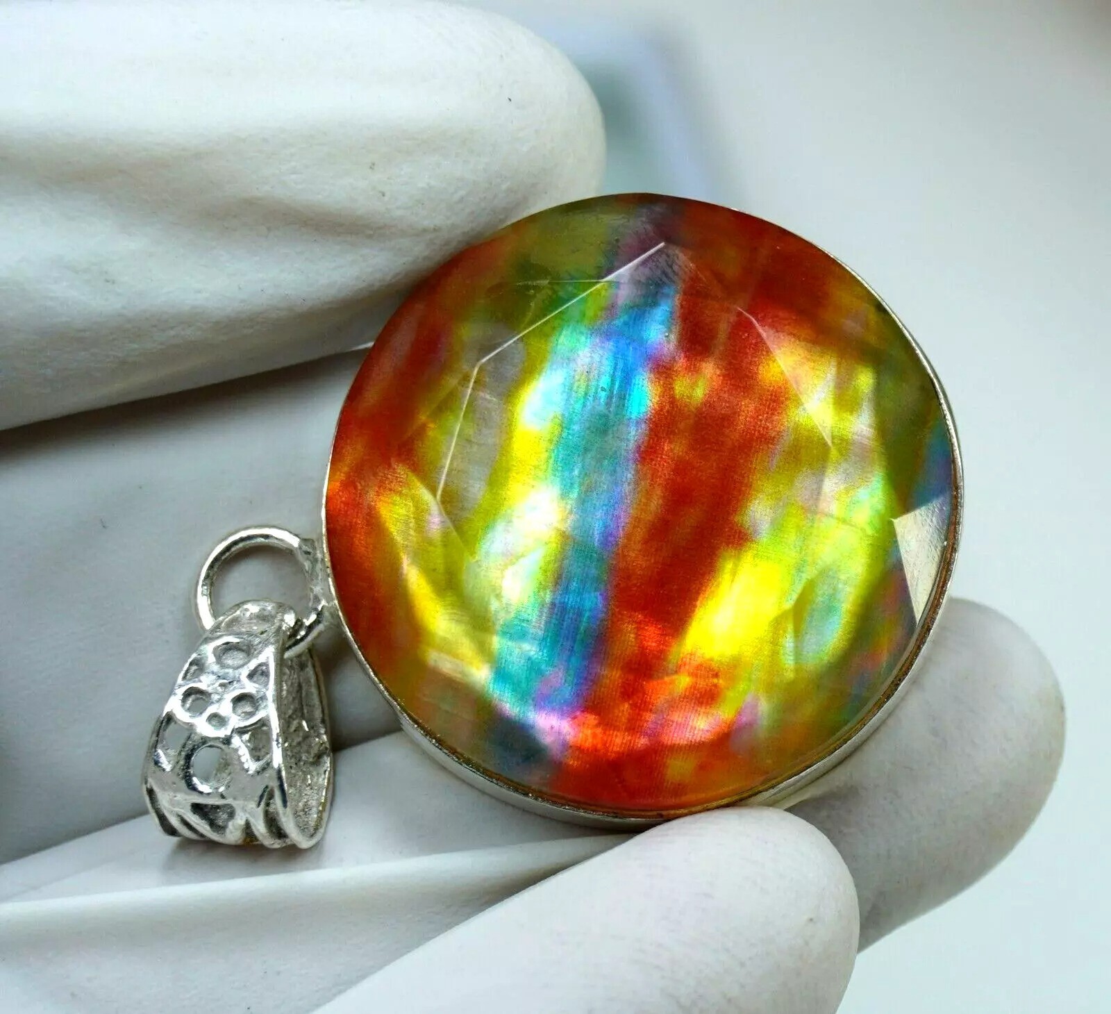 Ammolite Natural 92.56 Ct 925 Solid Silver Pendant Round Cut Loose Gemstone