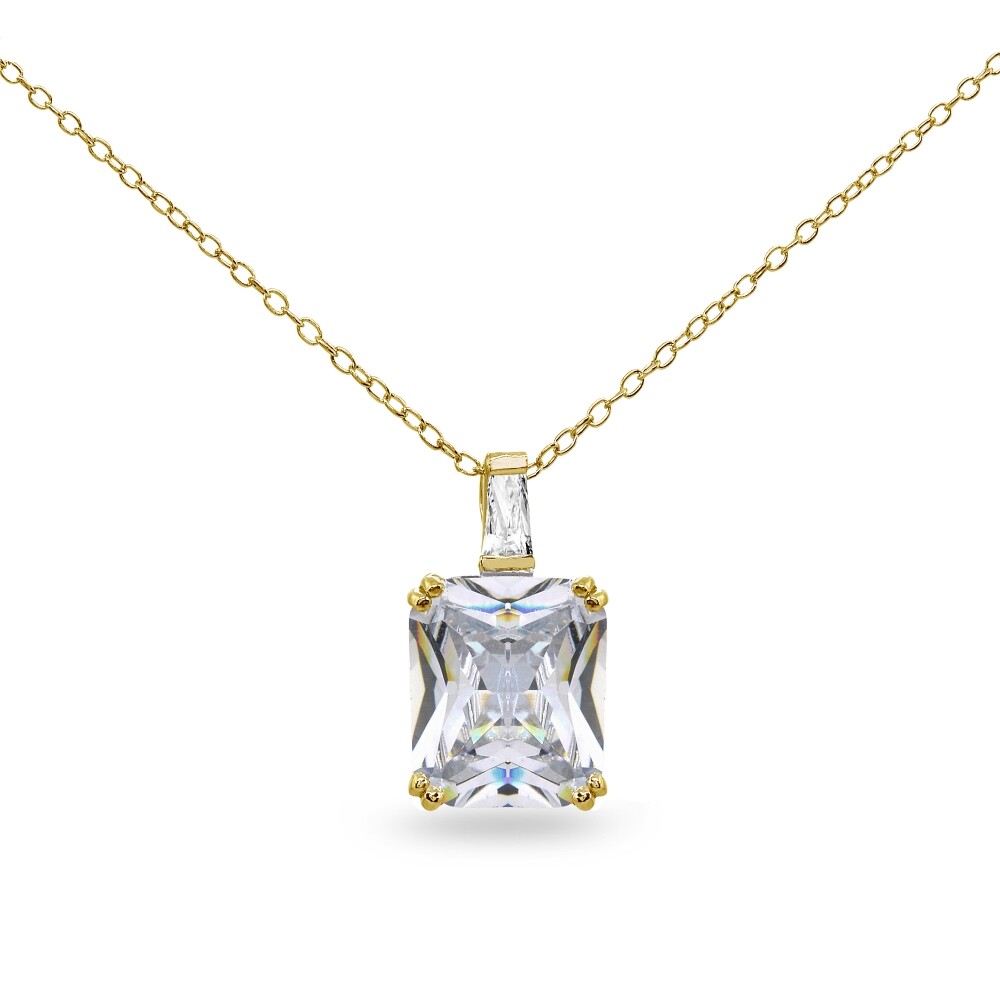 Octagon Solitaire Cubic Zirconia Gold Plated Sterling Silver Pendant Necklace