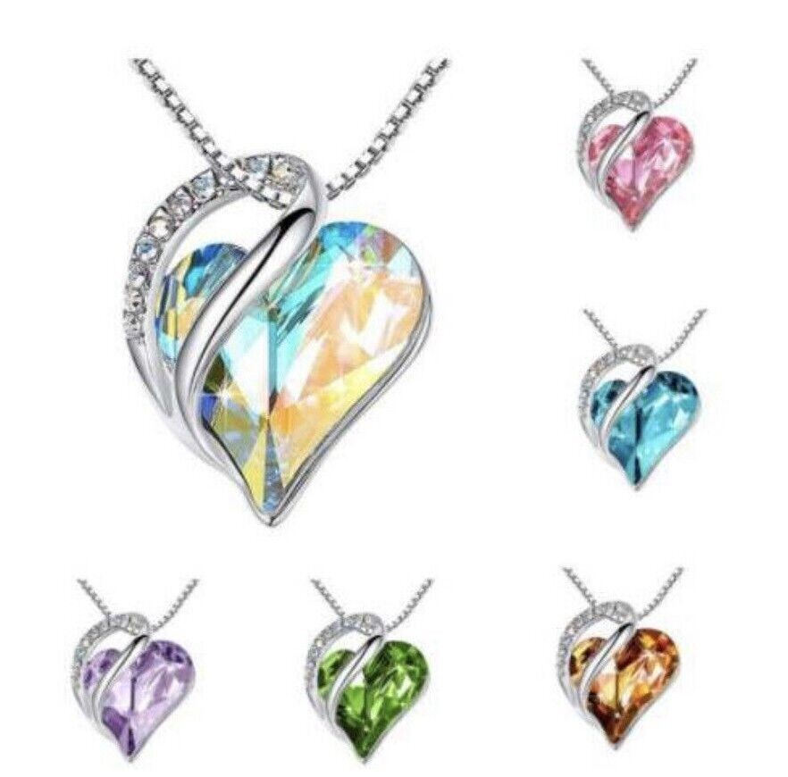 Birthstone Crystal Heart Shape Pendants Stainless Steel Necklace Women Girls