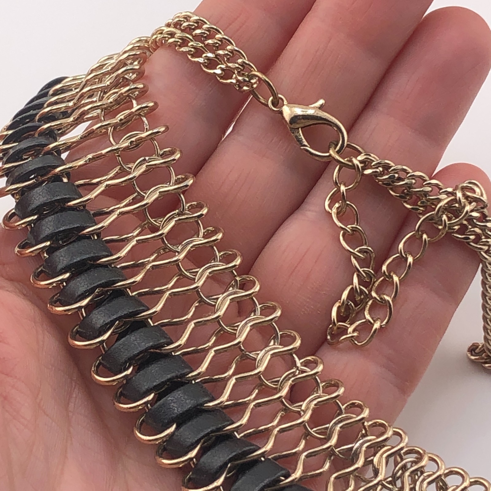 Woven Bib Necklace Gold Tone & Black Cord Statement Festival Retro Collar