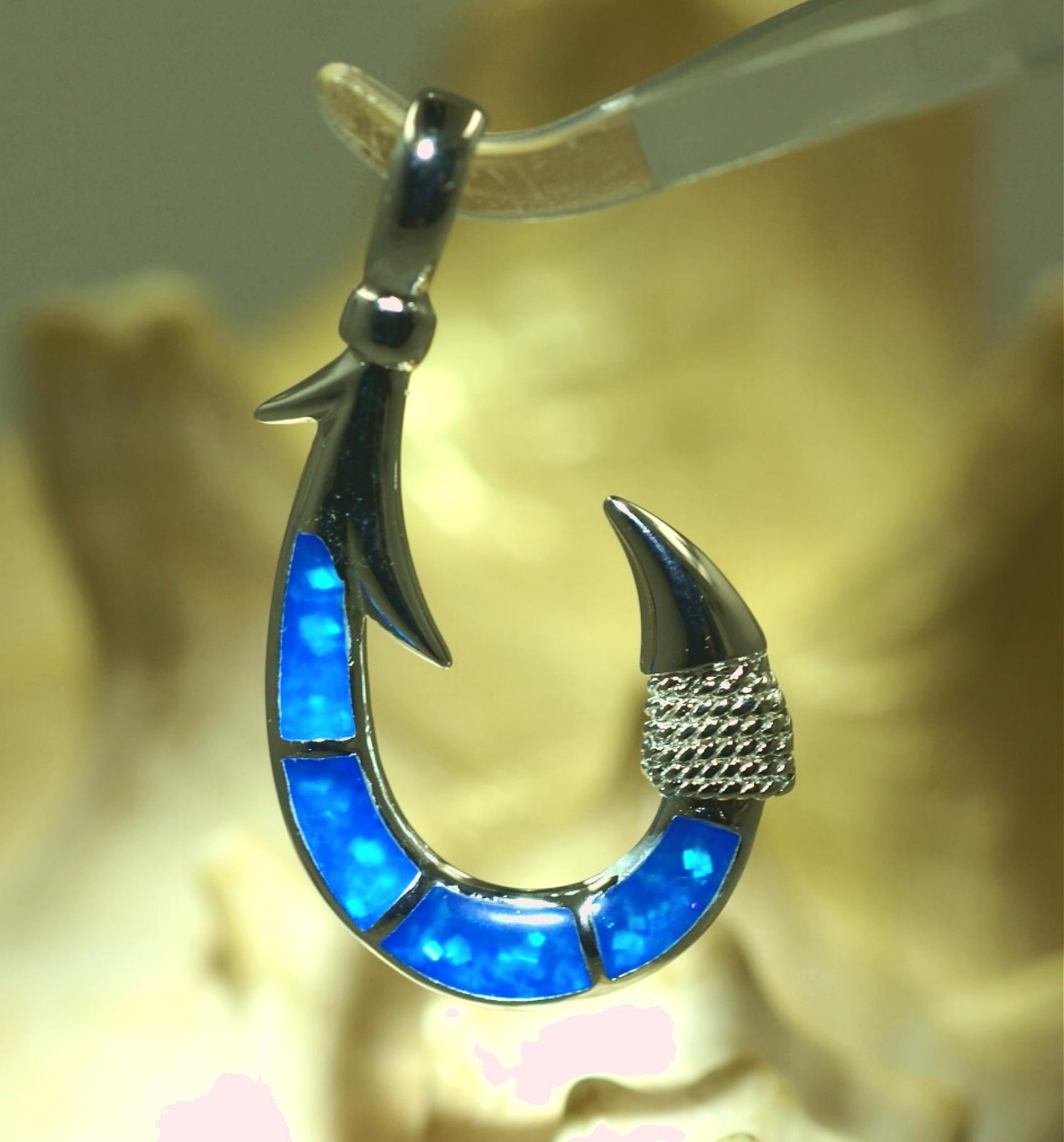 22.5MM RHODIUM 925 STER SILVER HAWAIIAN MAKAU FISH HOOK INLAID OPAL PENDANT #2