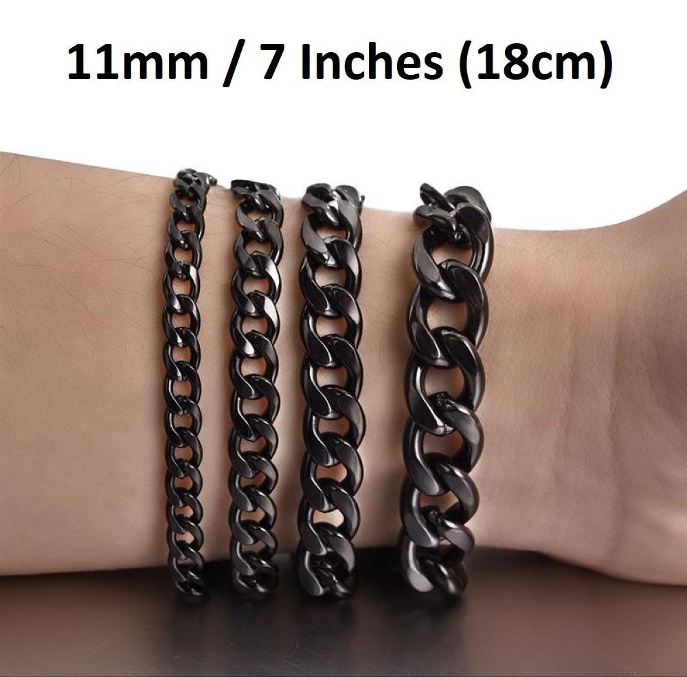 *UK* Black Stainless Steel Bracelet 11mm 7 Inch / 18cm Curb Mens Cuban Chain